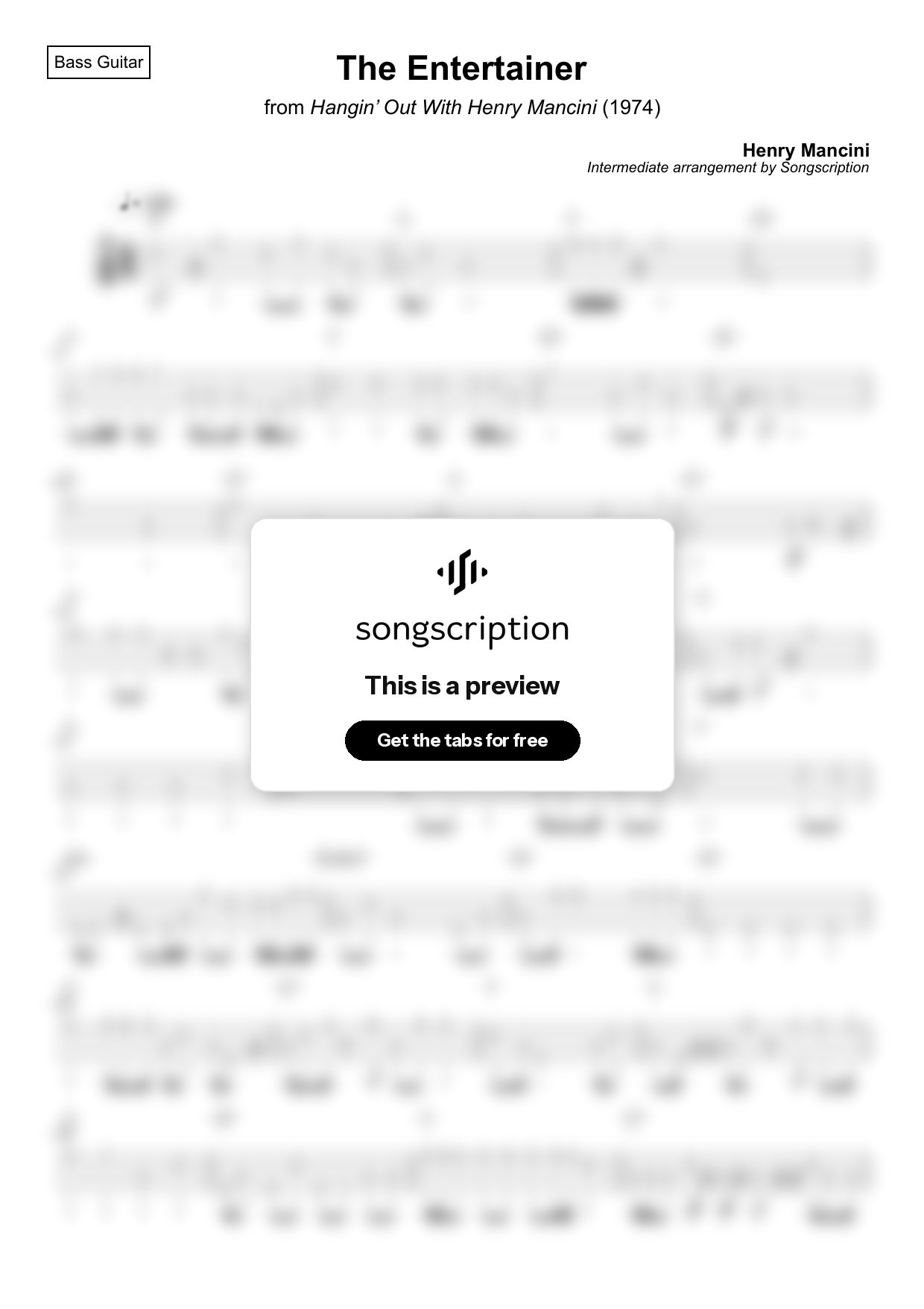 Intermediate Bass Guitar Tabs for "The Entertainer" by Henry Mancini