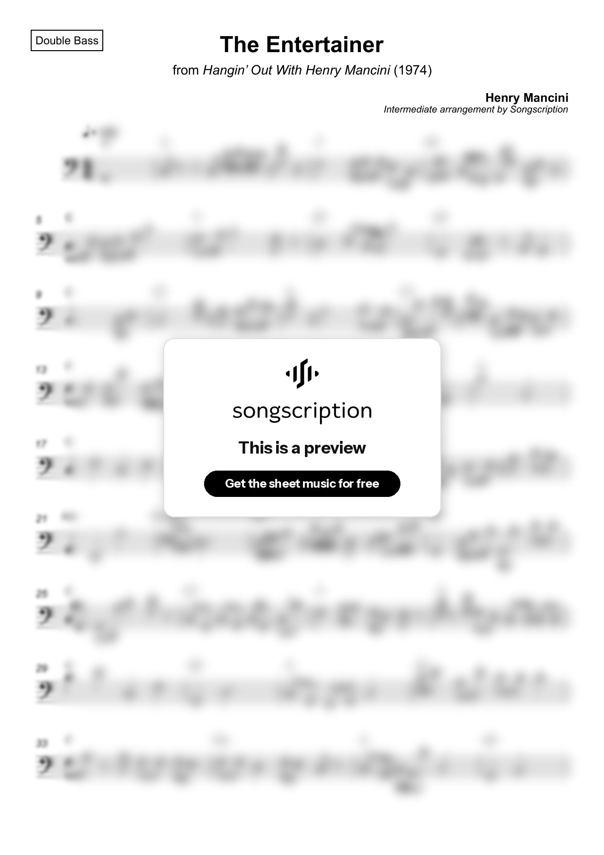 Intermediate Double Bass Sheet Music for "The Entertainer" by Henry Mancini