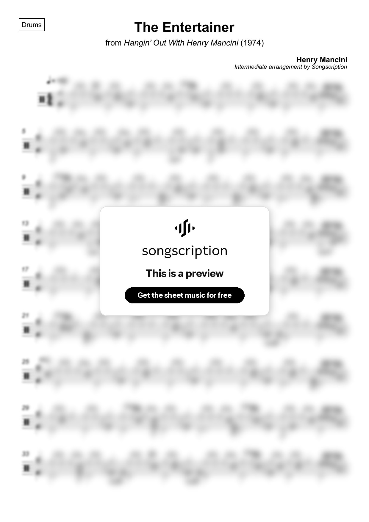 Intermediate Drums Sheet Music for "The Entertainer" by Henry Mancini
