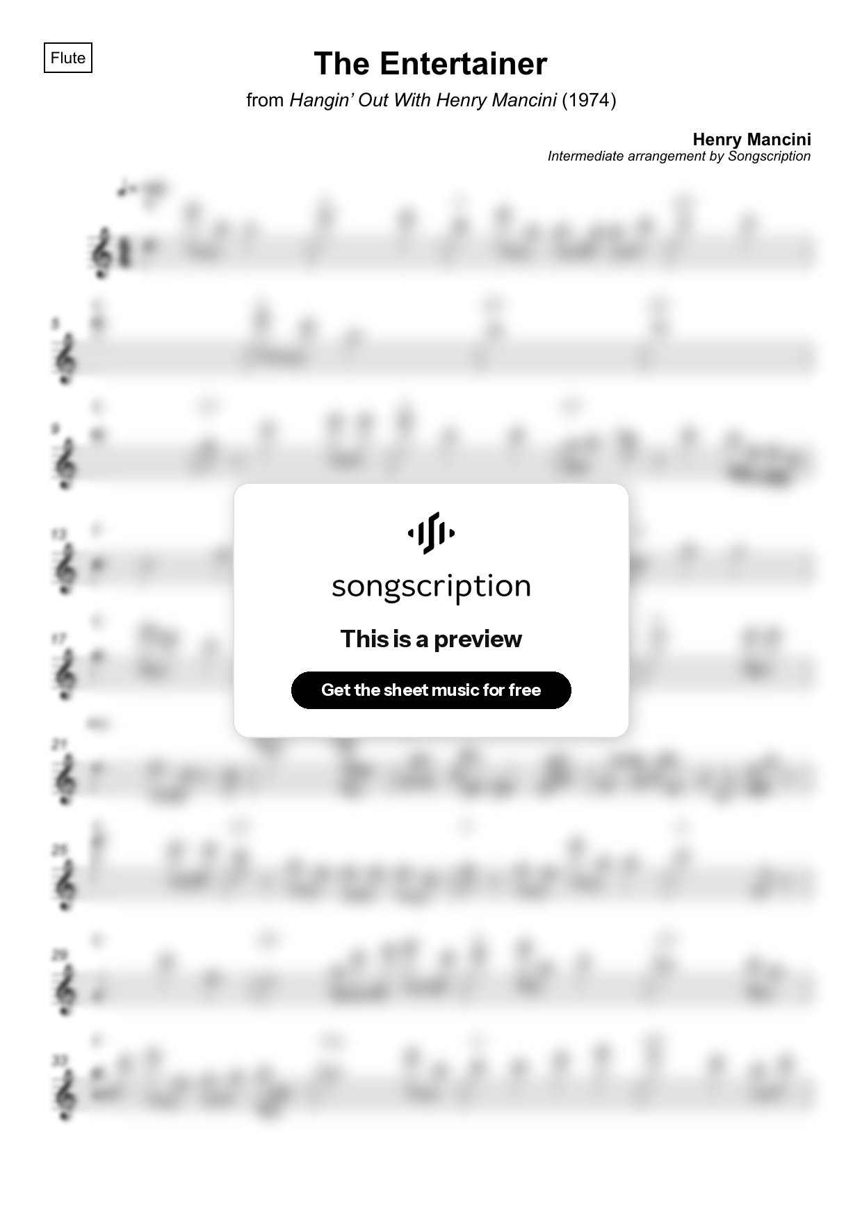 Intermediate Flute Sheet Music for "The Entertainer" by Henry Mancini
