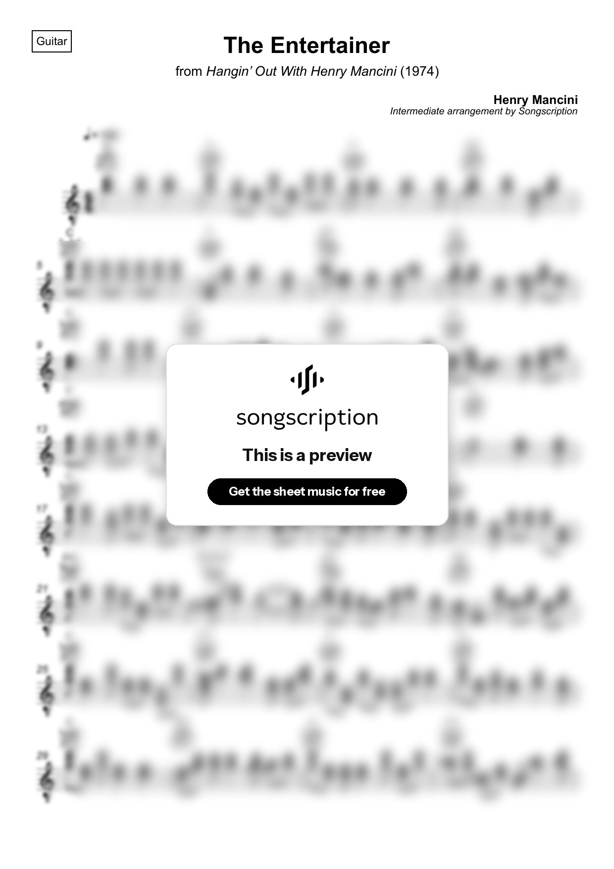 Intermediate Acoustic Guitar Sheet Music for "The Entertainer" by Henry Mancini