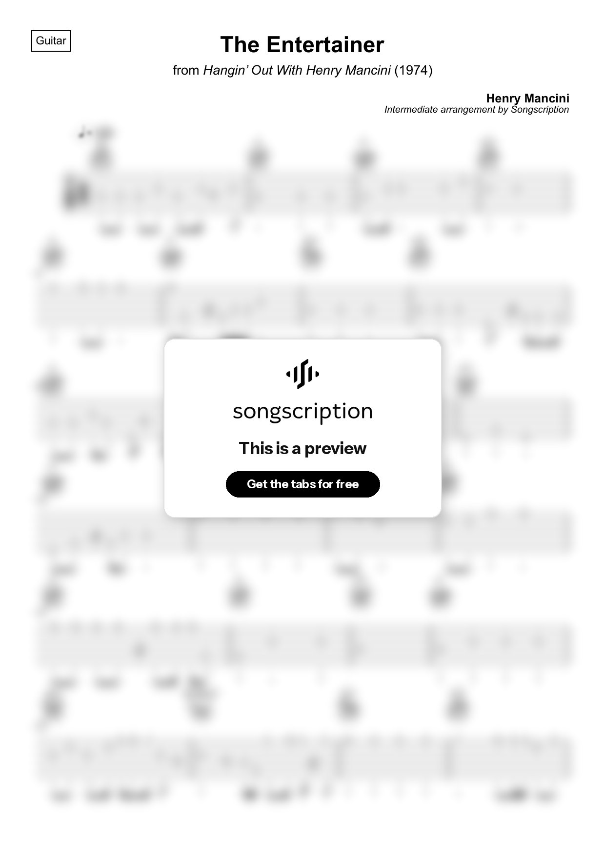 Intermediate Acoustic Guitar Tabs for "The Entertainer" by Henry Mancini