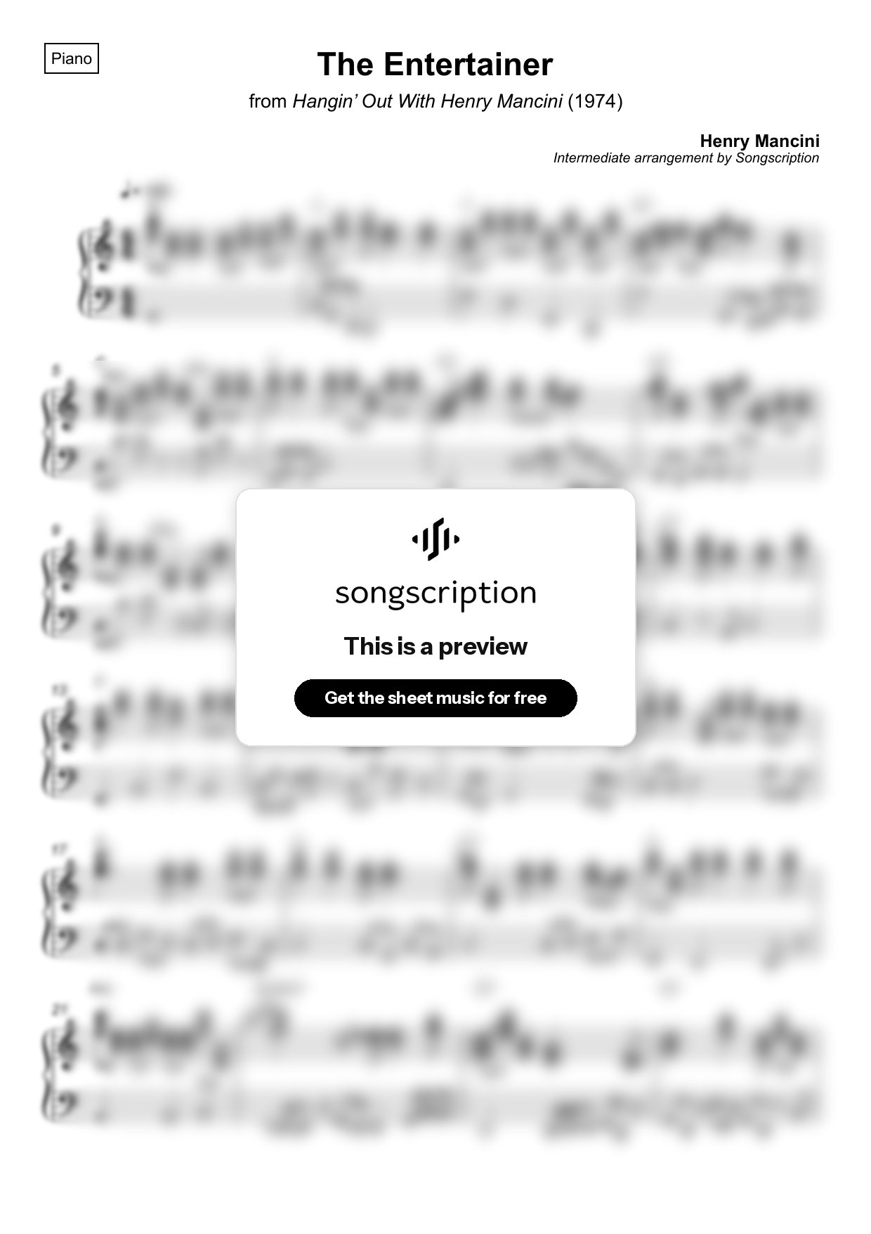 Intermediate Piano Sheet Music for "The Entertainer" by Henry Mancini