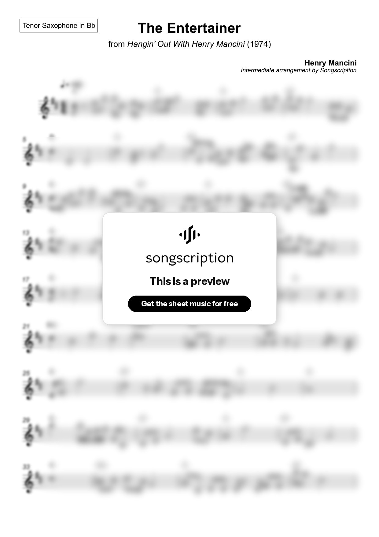 Intermediate Tenor Sax Sheet Music for "The Entertainer" by Henry Mancini