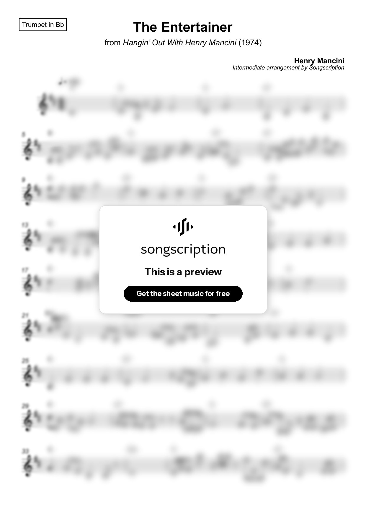Intermediate Trumpet Sheet Music for "The Entertainer" by Henry Mancini