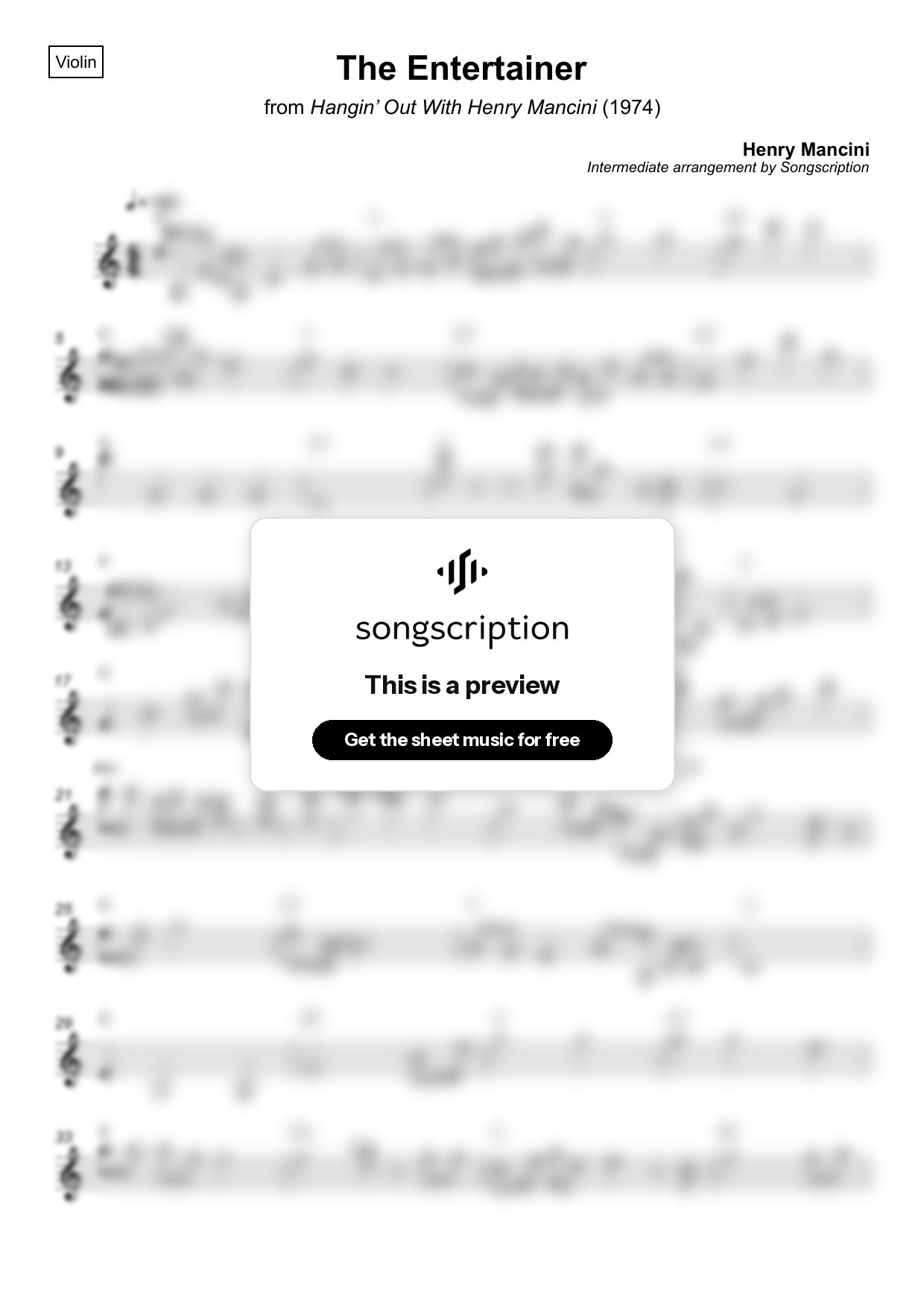 Intermediate Violin Sheet Music for "The Entertainer" by Henry Mancini