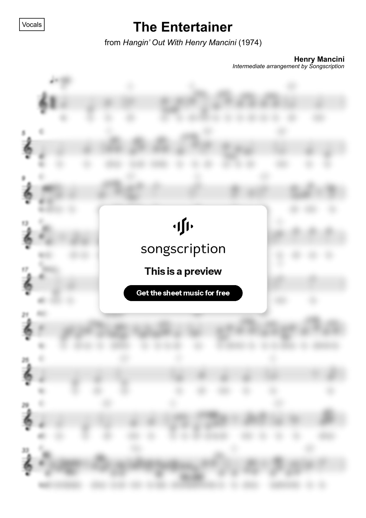 Intermediate Vocals Sheet Music for "The Entertainer" by Henry Mancini
