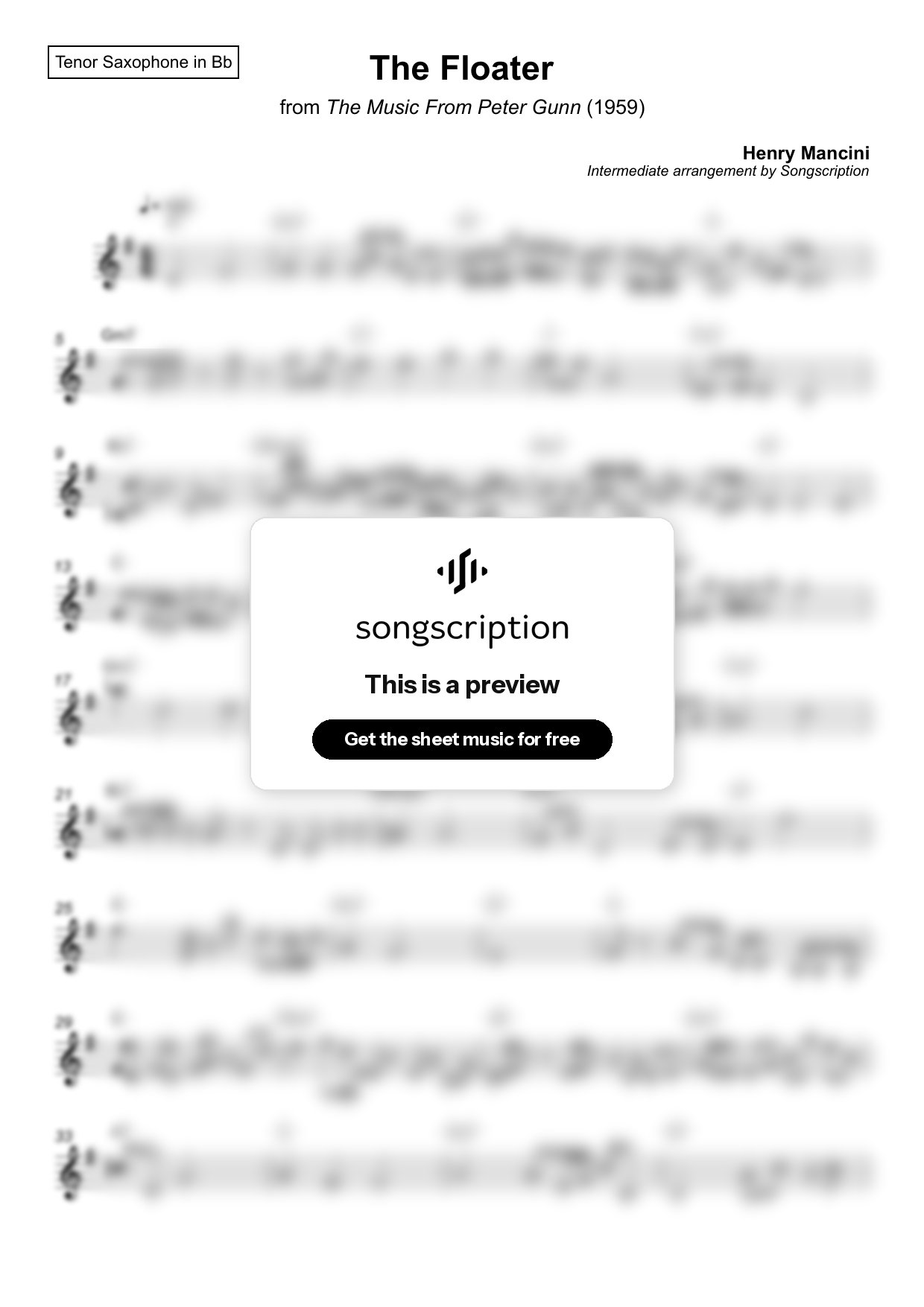 Intermediate Tenor Sax Sheet Music for "The Floater" by Henry Mancini