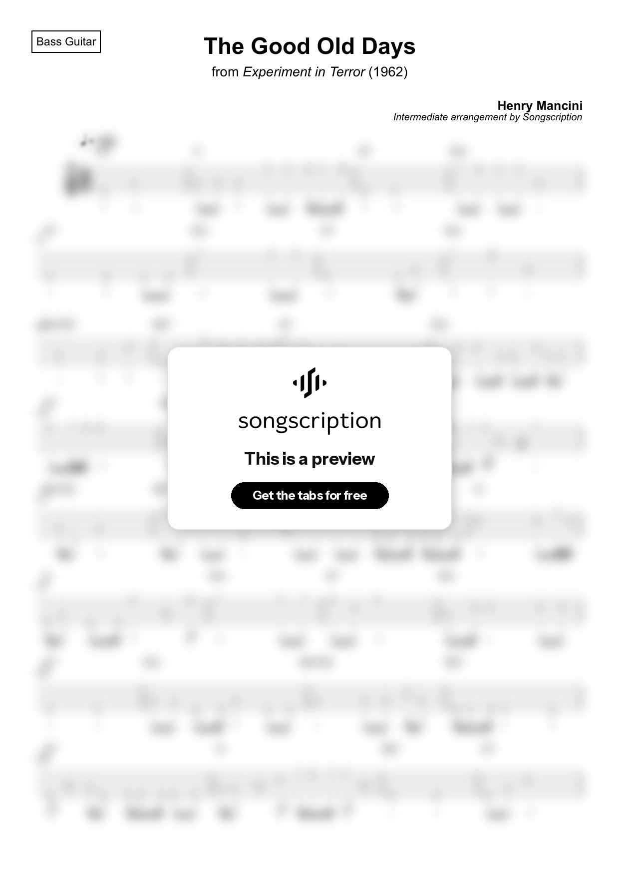 Intermediate Bass Guitar Tabs for "The Good Old Days" by Henry Mancini