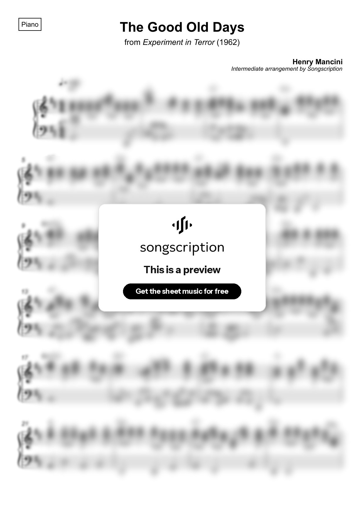 Intermediate Piano Sheet Music for "The Good Old Days" by Henry Mancini