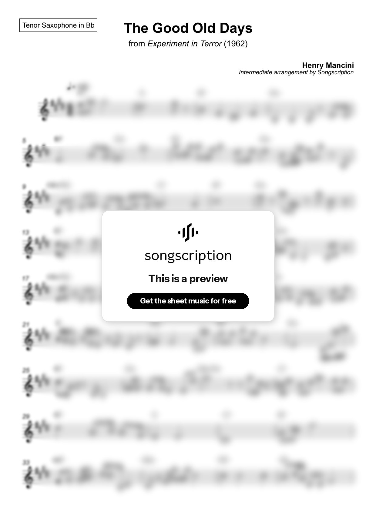Intermediate Tenor Sax Sheet Music for "The Good Old Days" by Henry Mancini