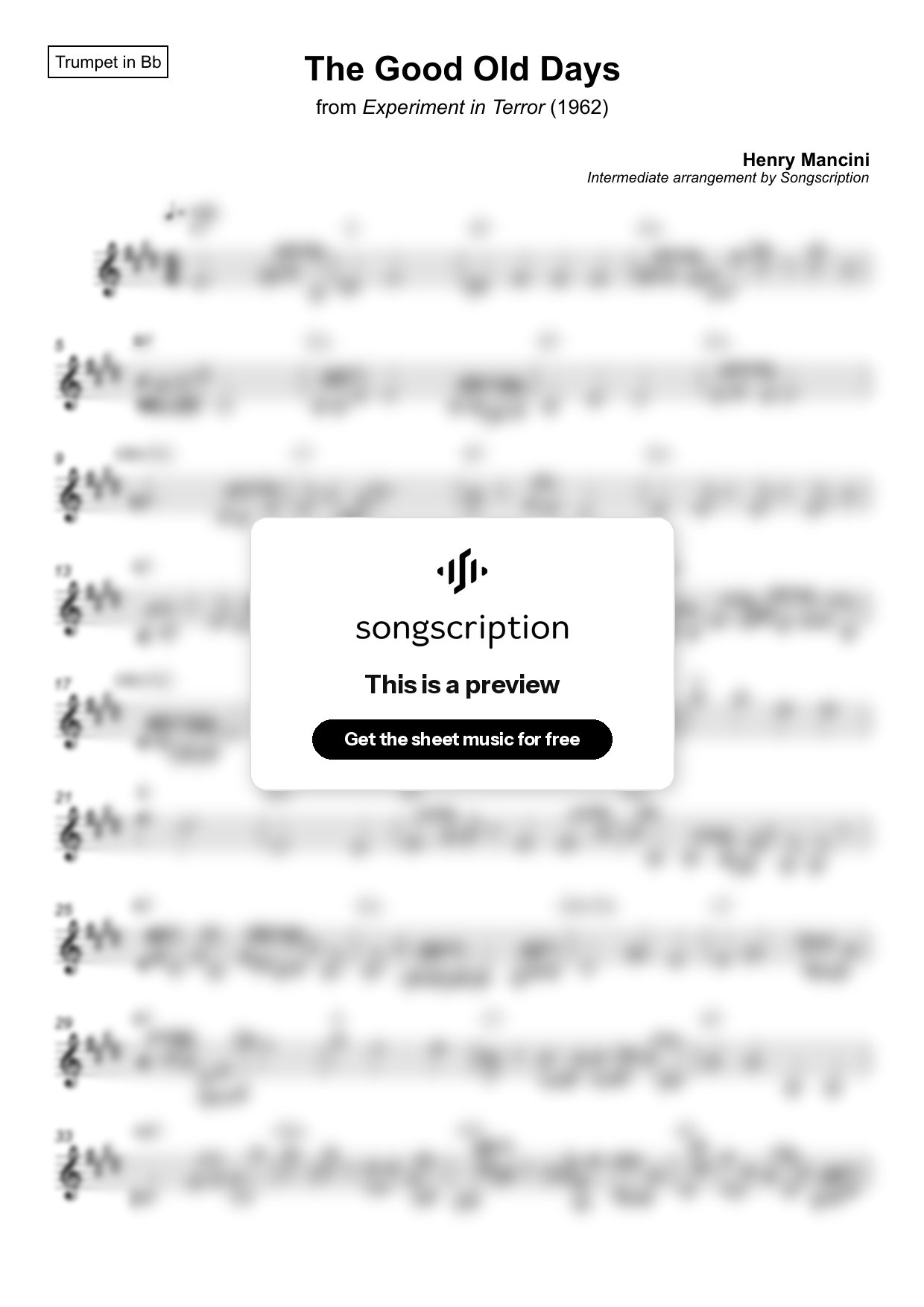 Intermediate Trumpet Sheet Music for "The Good Old Days" by Henry Mancini