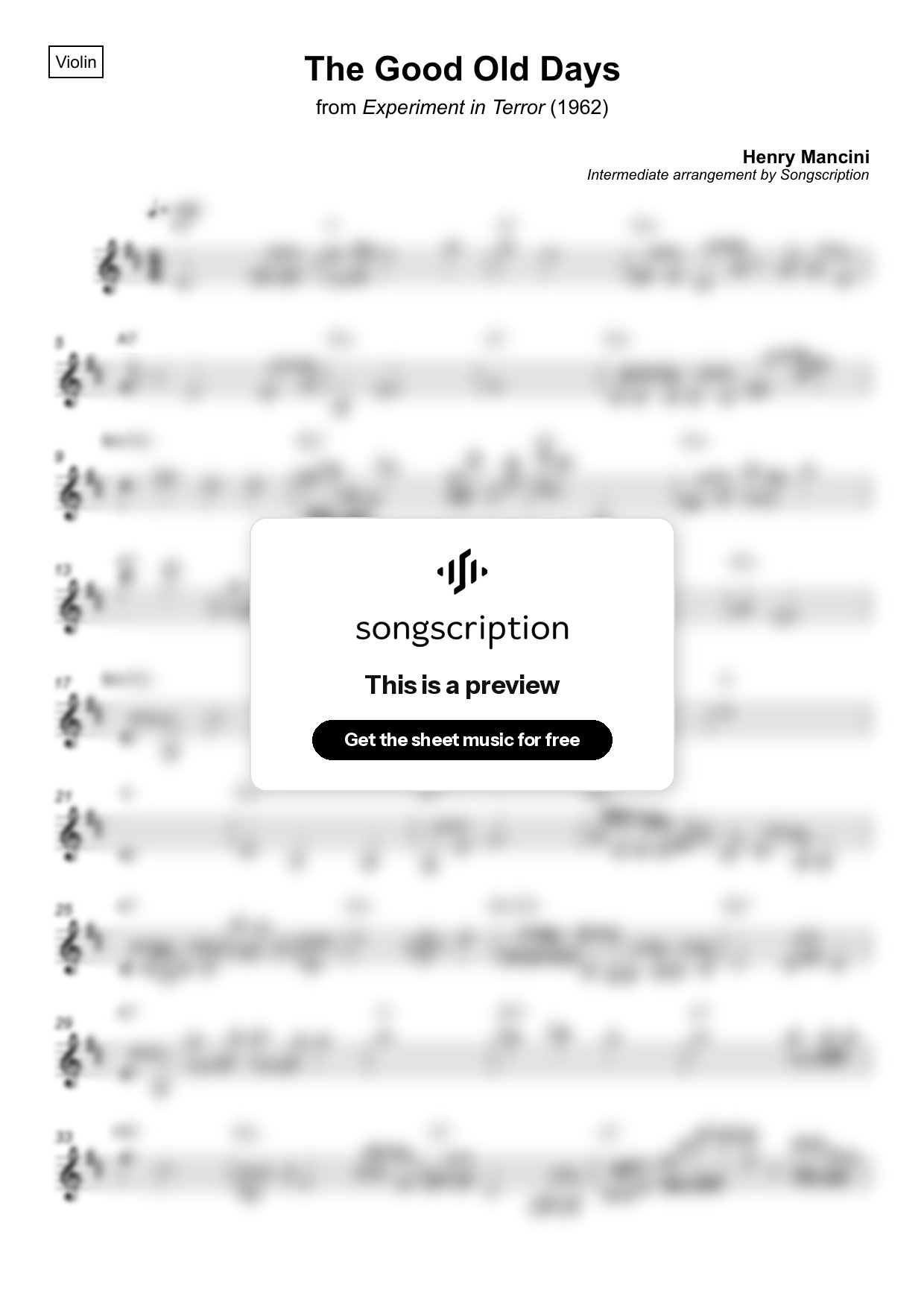 Intermediate Violin Sheet Music for "The Good Old Days" by Henry Mancini