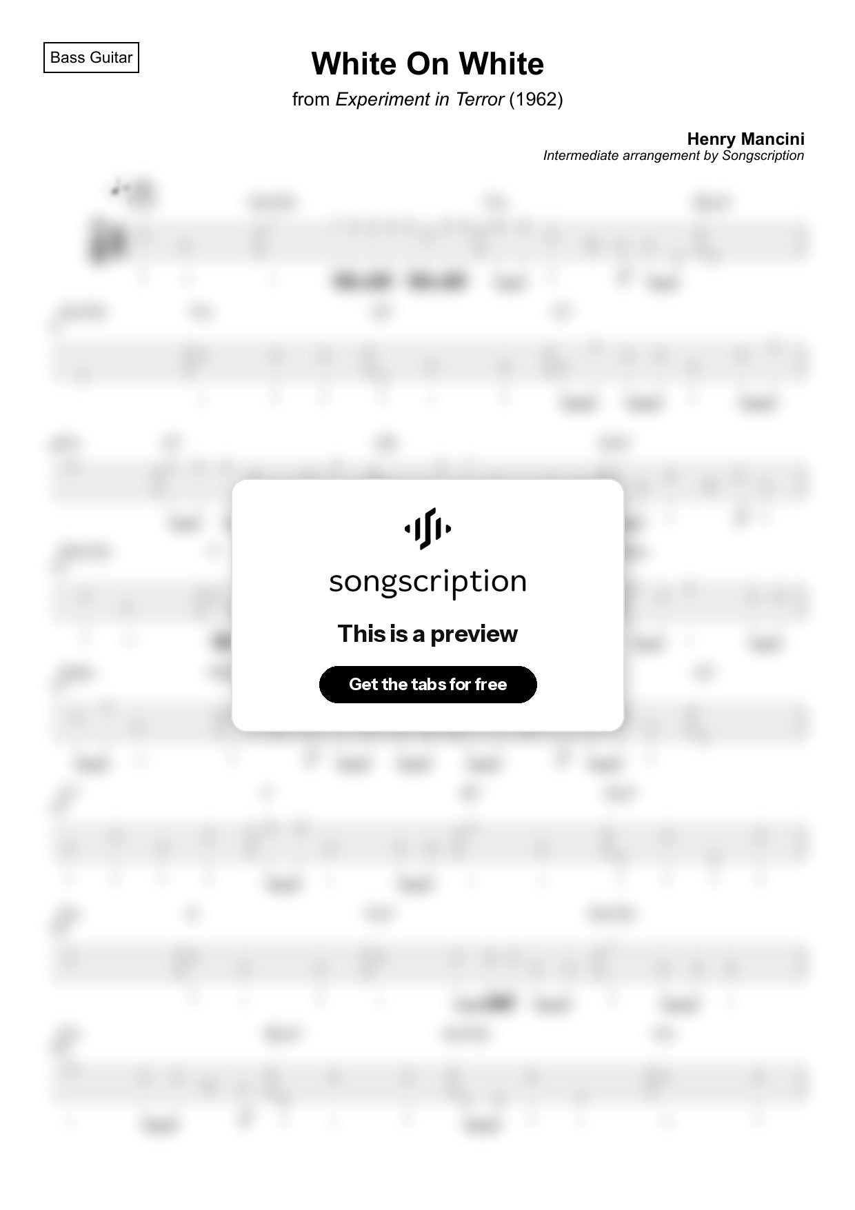 Intermediate Bass Guitar Tabs for "White On White" by Henry Mancini