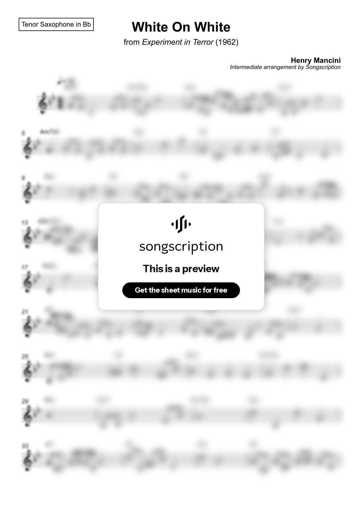 Intermediate Tenor Sax Sheet Music for "White On White" by Henry Mancini
