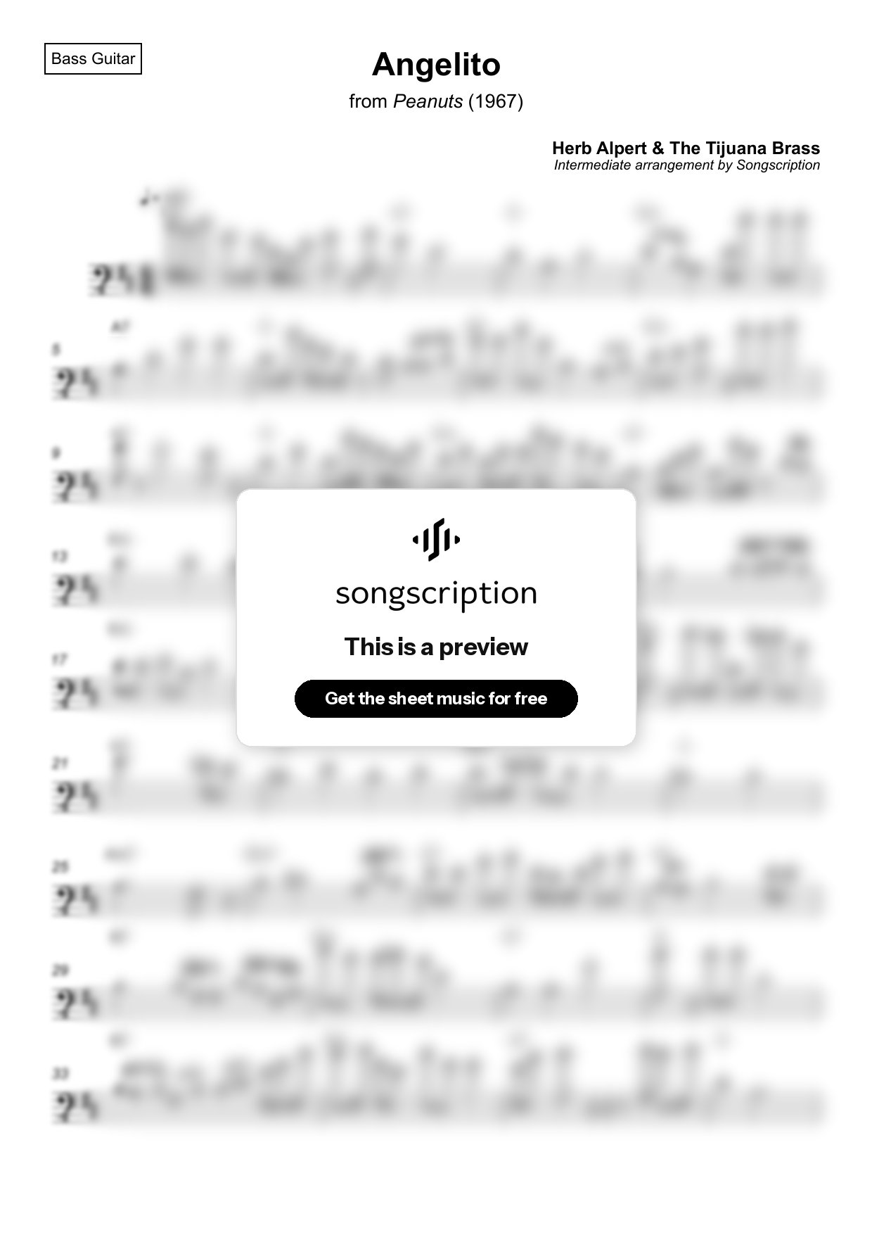 Intermediate Bass Guitar Sheet Music for "Angelito" by Herb Alpert & The Tijuana Brass