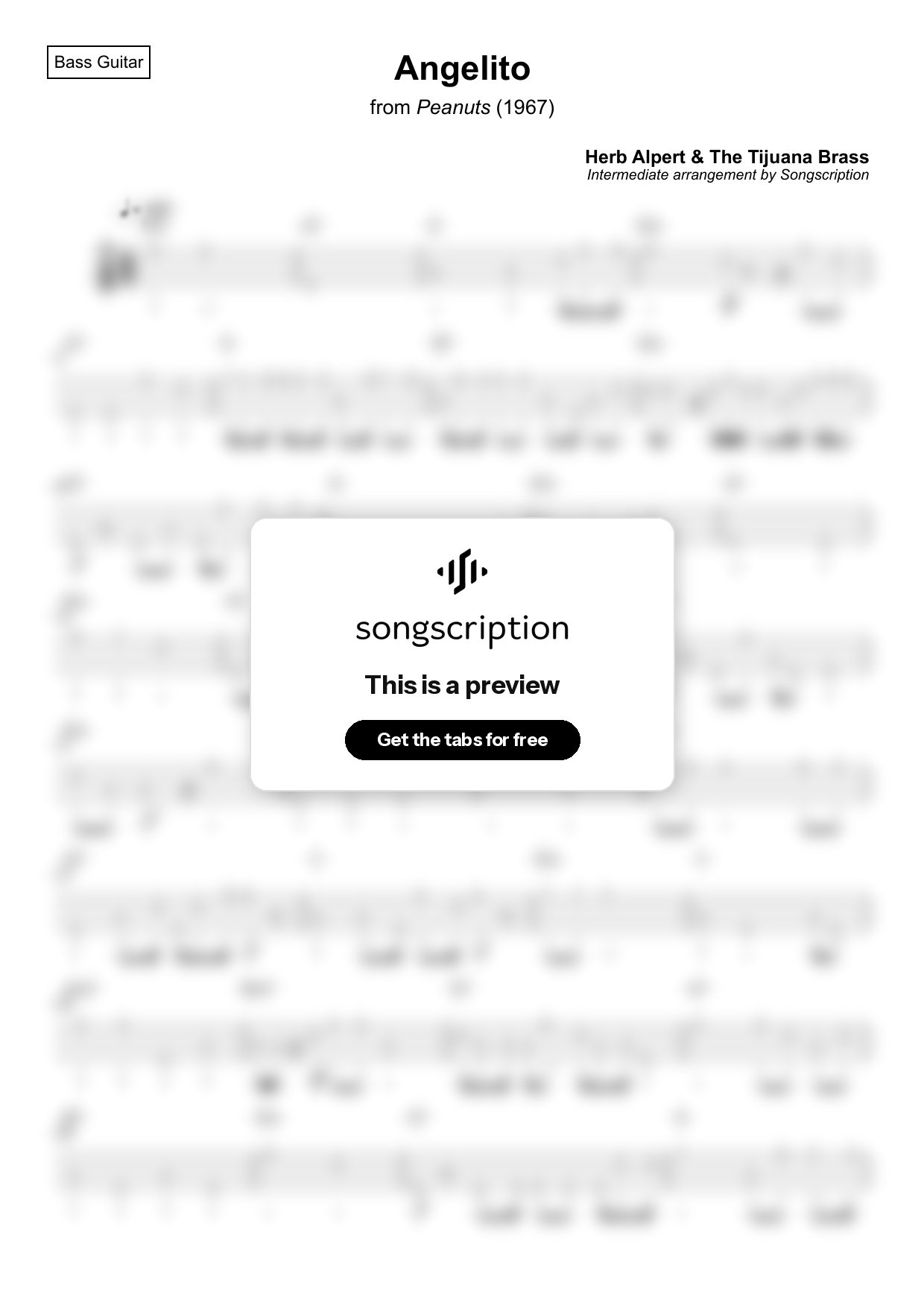 Intermediate Bass Guitar Tabs for "Angelito" by Herb Alpert & The Tijuana Brass