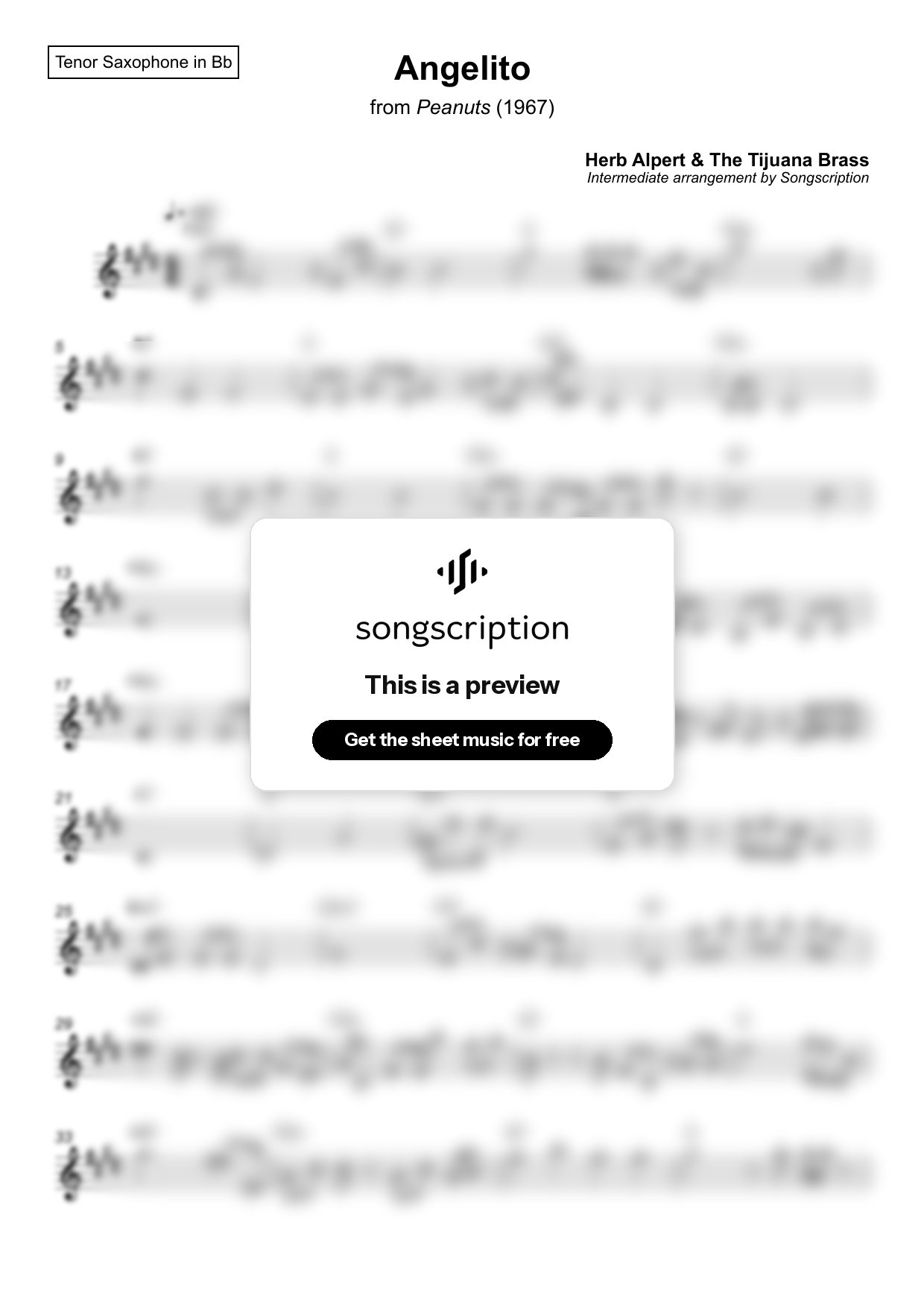Intermediate Tenor Sax Sheet Music for "Angelito" by Herb Alpert & The Tijuana Brass
