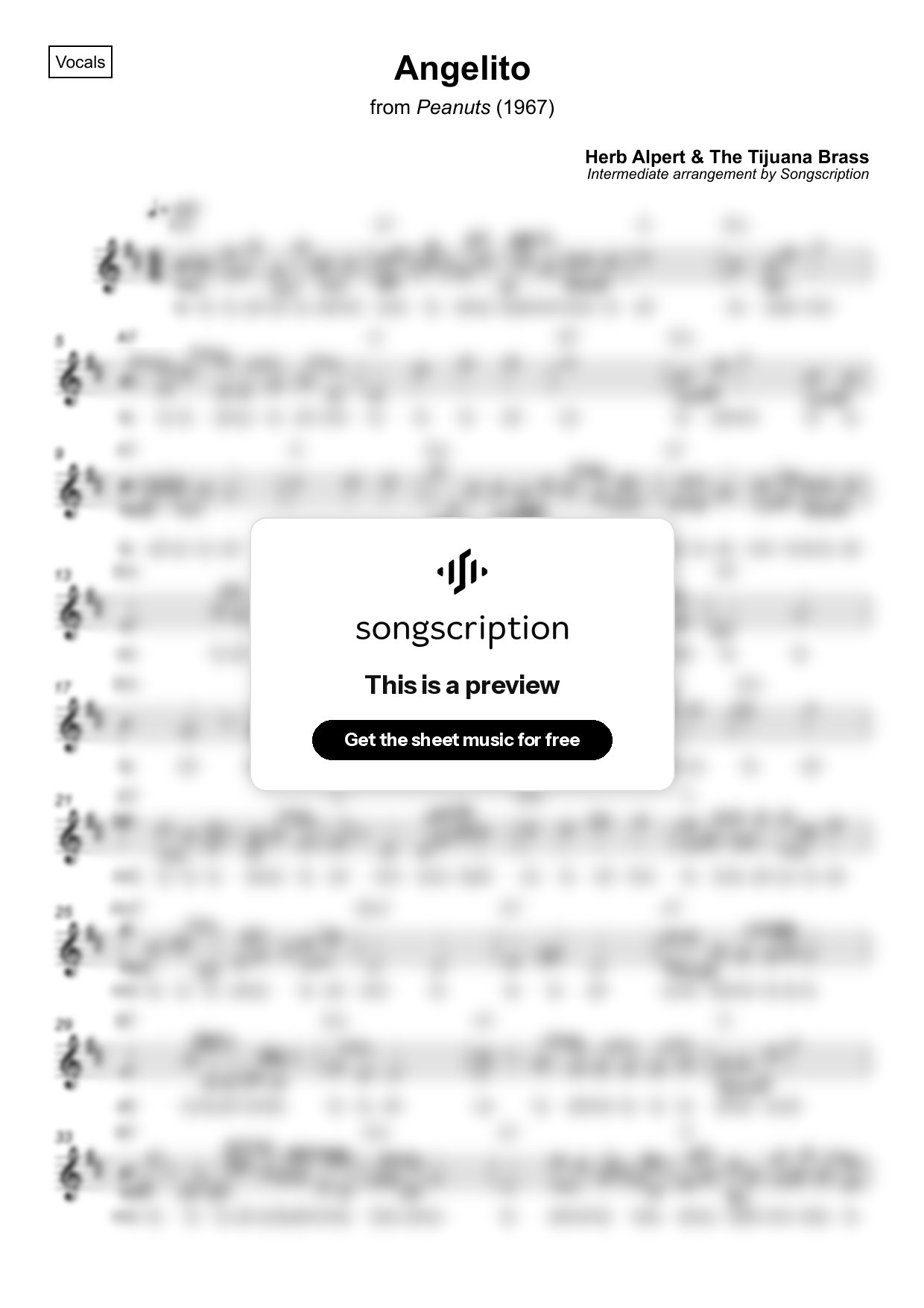 Intermediate Vocals Sheet Music for "Angelito" by Herb Alpert & The Tijuana Brass