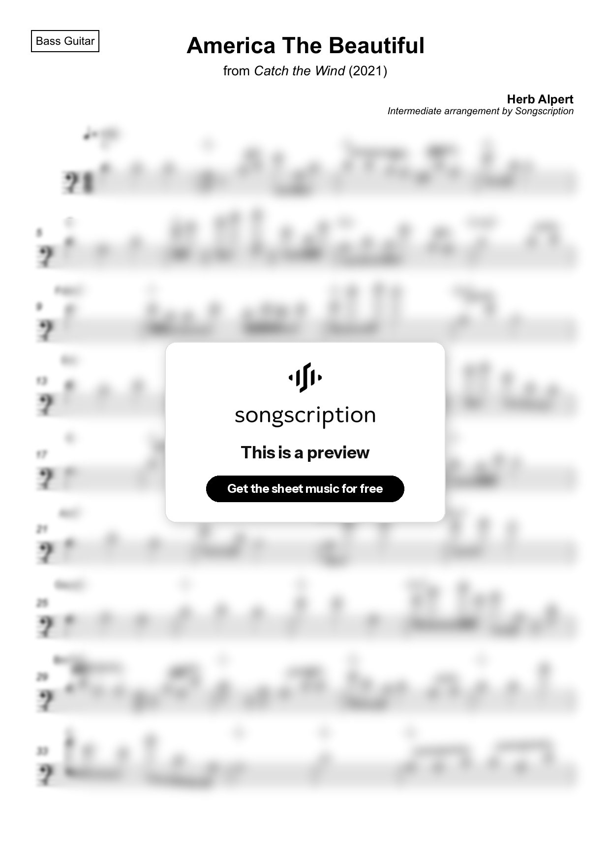 Intermediate Bass Guitar Sheet Music for "America The Beautiful" by Herb Alpert