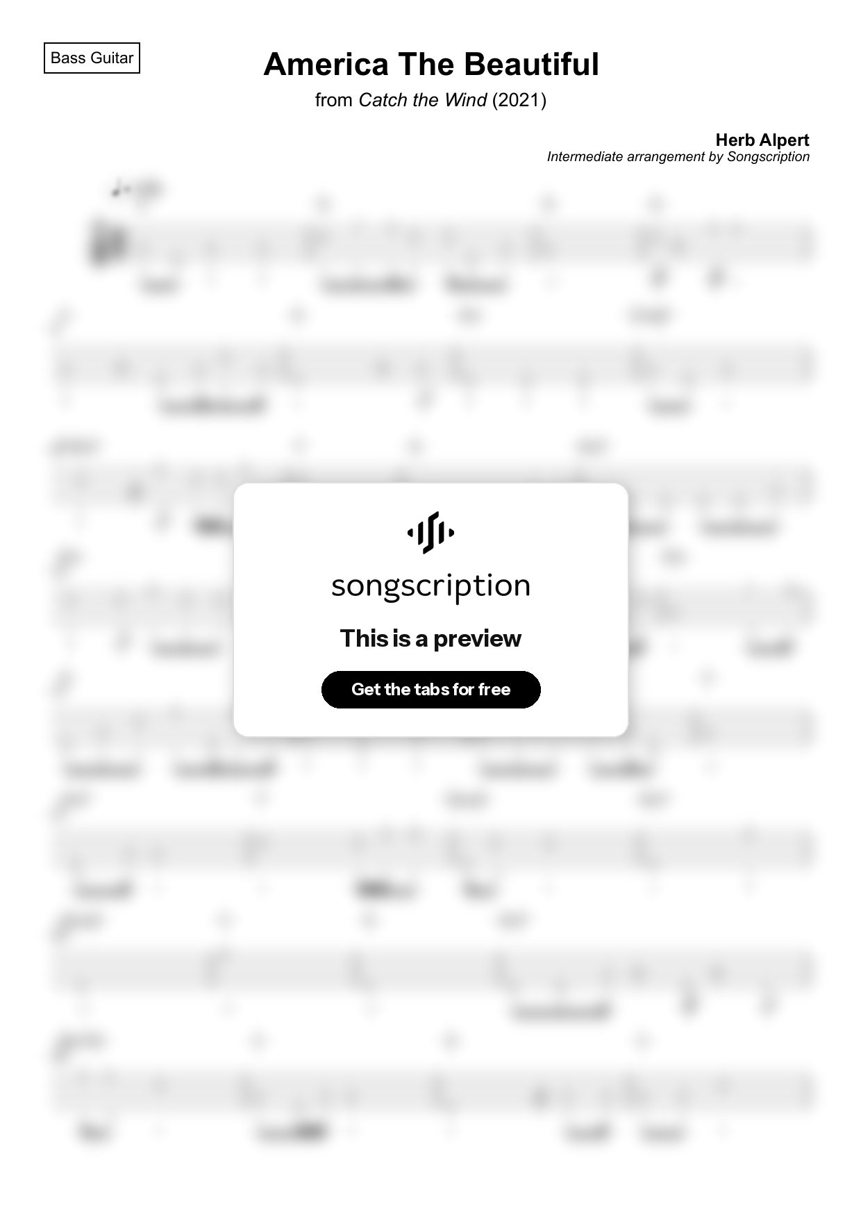 Intermediate Bass Guitar Tabs for "America The Beautiful" by Herb Alpert