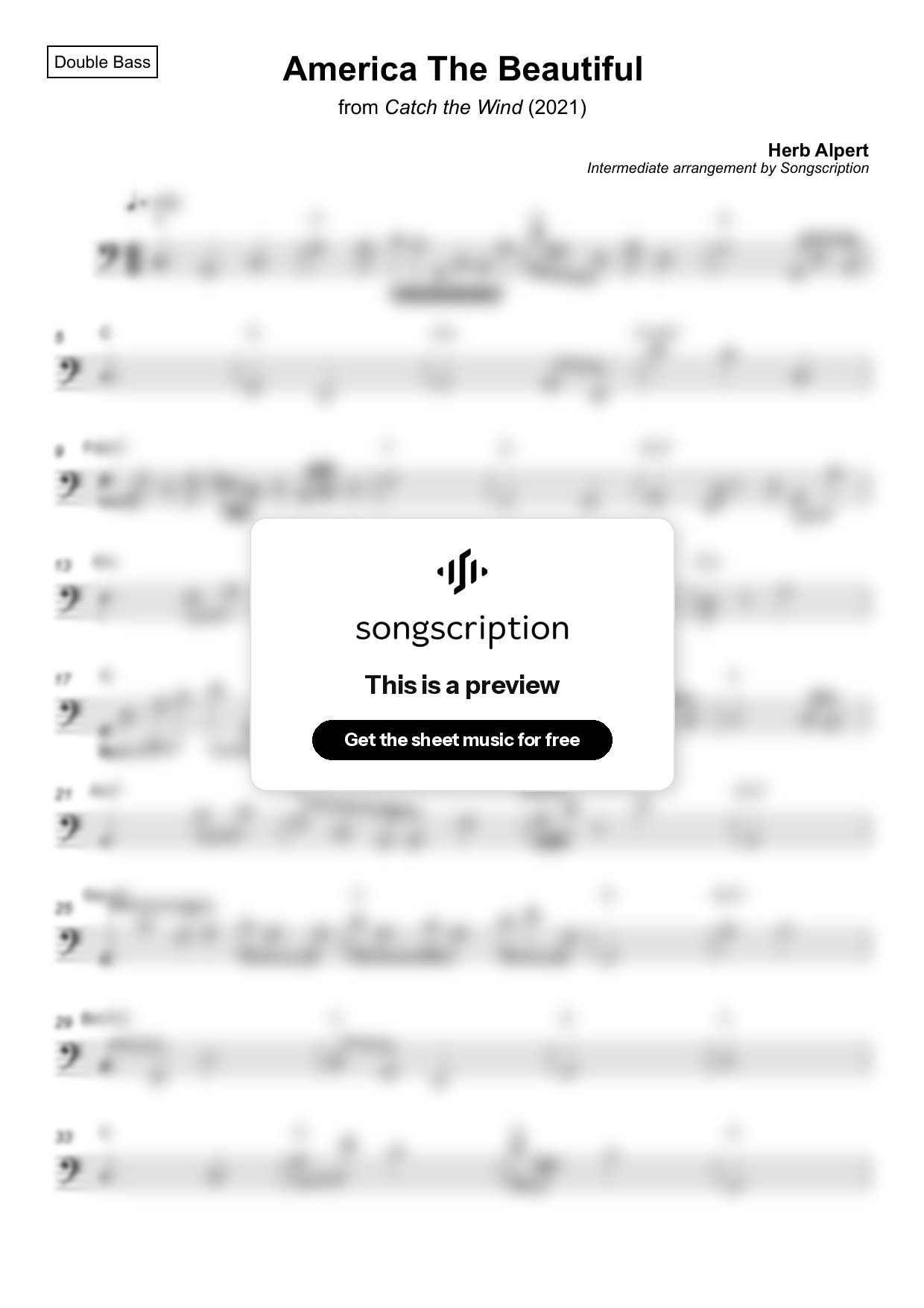 Intermediate Double Bass Sheet Music for "America The Beautiful" by Herb Alpert