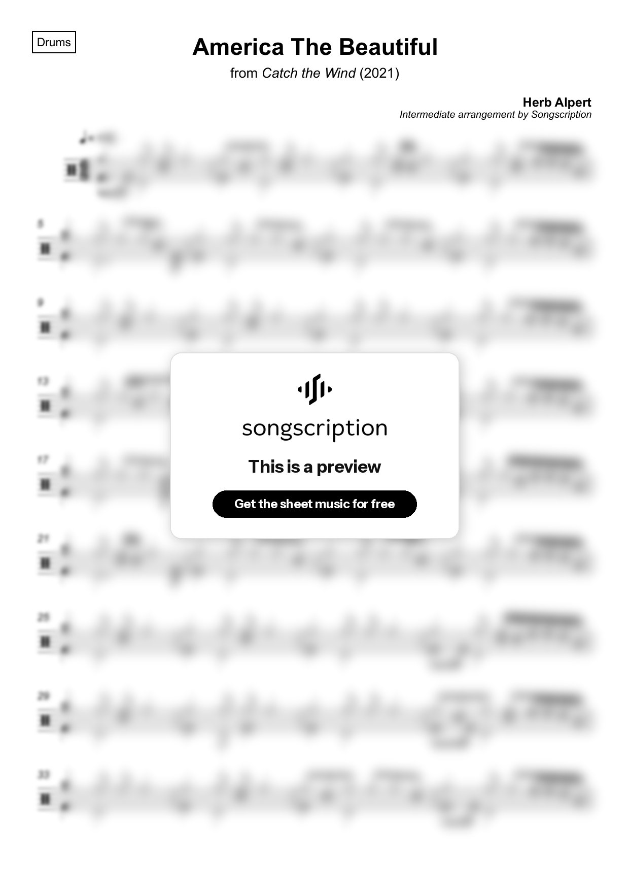 Intermediate Drums Sheet Music for "America The Beautiful" by Herb Alpert