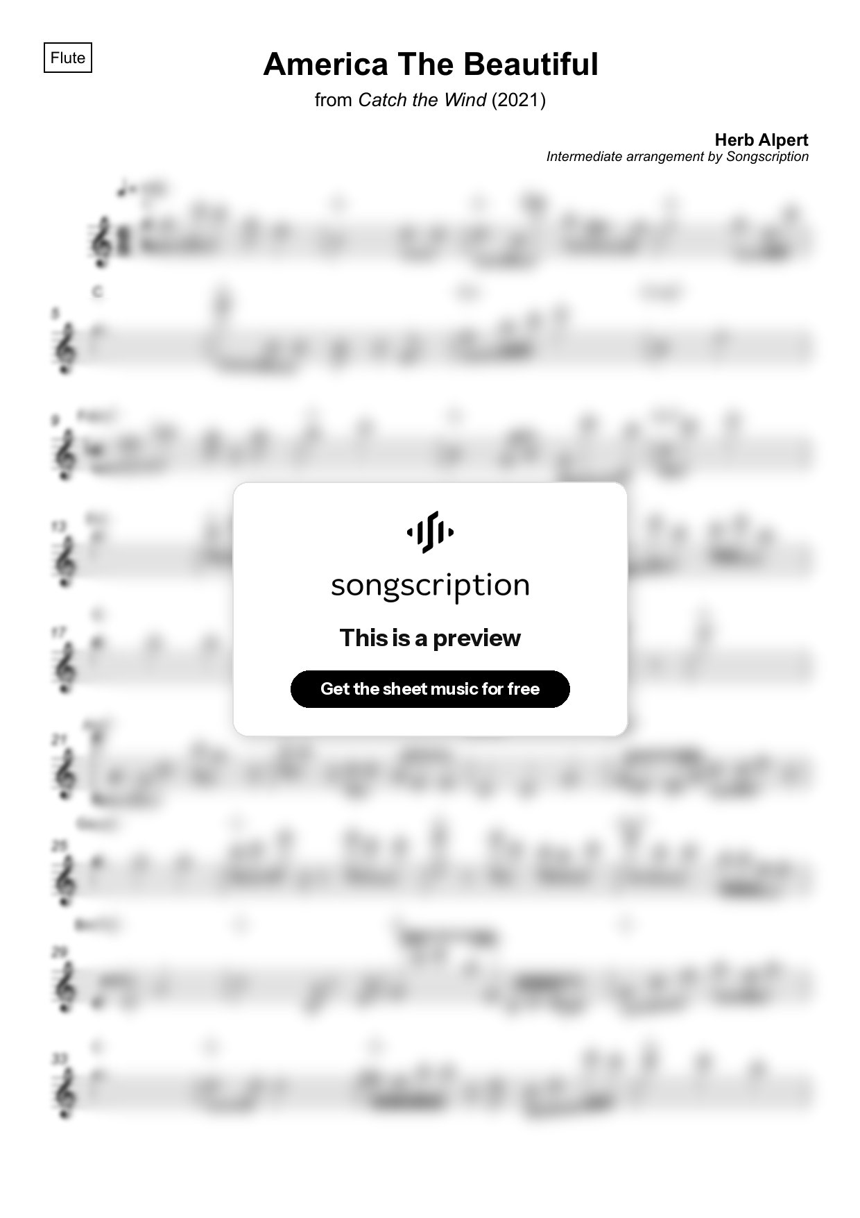 Intermediate Flute Sheet Music for "America The Beautiful" by Herb Alpert