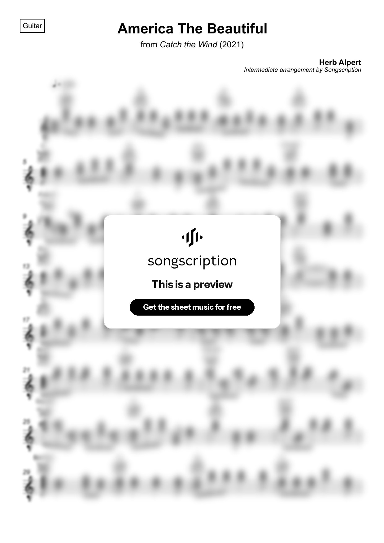 Intermediate Acoustic Guitar Sheet Music for "America The Beautiful" by Herb Alpert