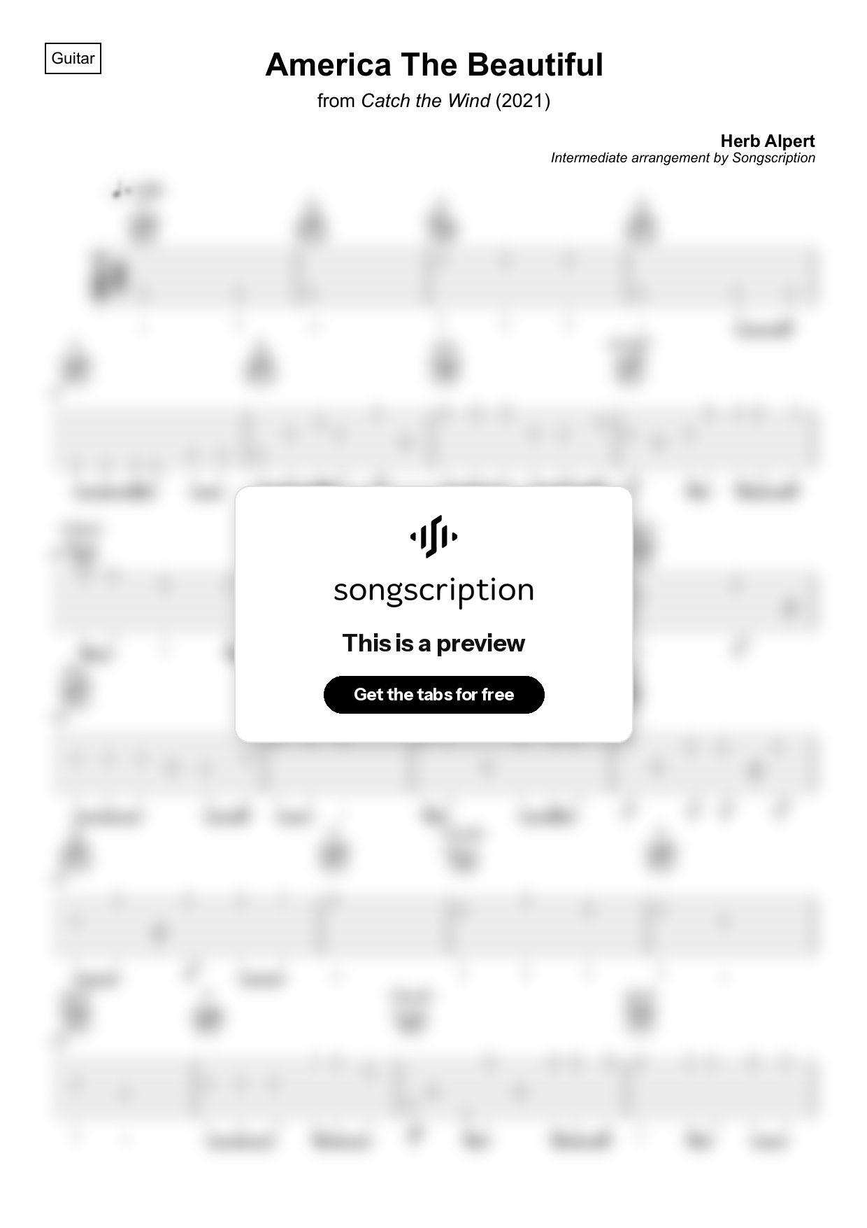 Intermediate Acoustic Guitar Tabs for "America The Beautiful" by Herb Alpert