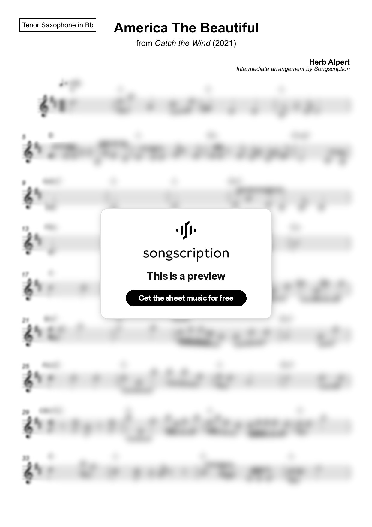 Intermediate Tenor Sax Sheet Music for "America The Beautiful" by Herb Alpert