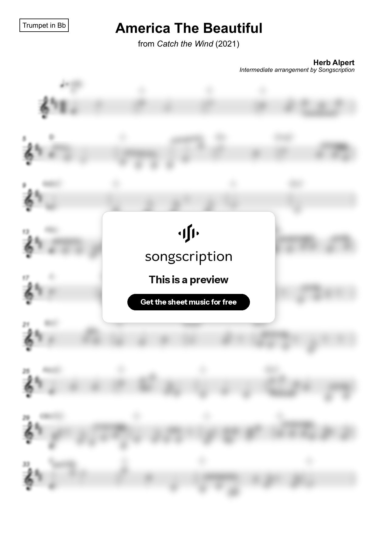Intermediate Trumpet Sheet Music for "America The Beautiful" by Herb Alpert
