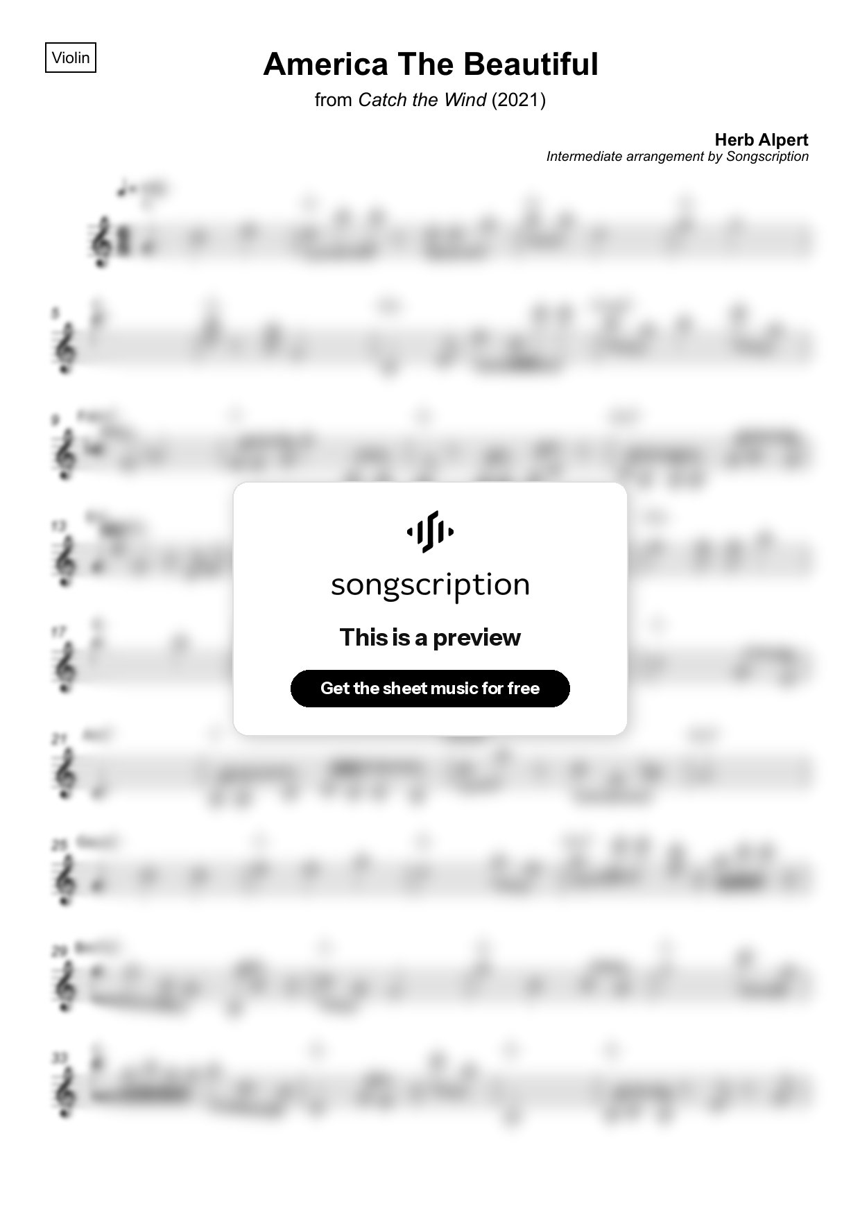 Intermediate Violin Sheet Music for "America The Beautiful" by Herb Alpert