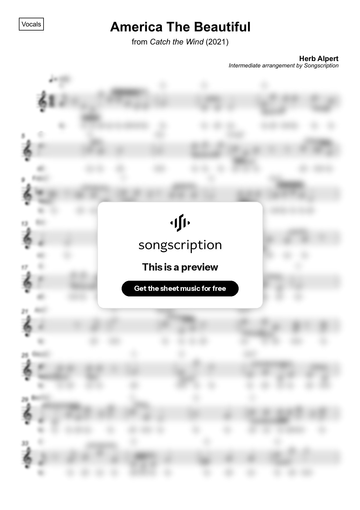 Intermediate Vocals Sheet Music for "America The Beautiful" by Herb Alpert