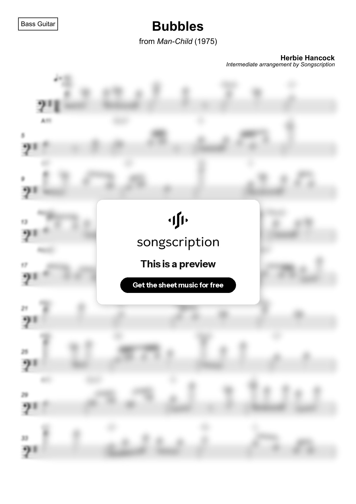 Intermediate Bass Guitar Sheet Music for "Bubbles" by Herbie Hancock