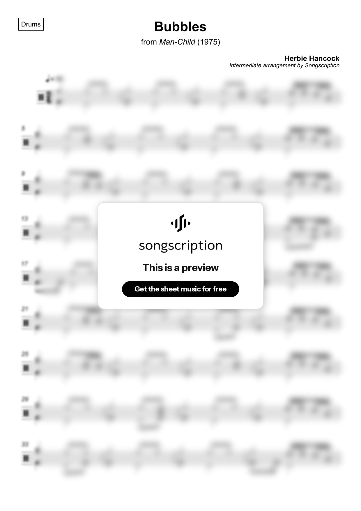 Intermediate Drums Sheet Music for "Bubbles" by Herbie Hancock