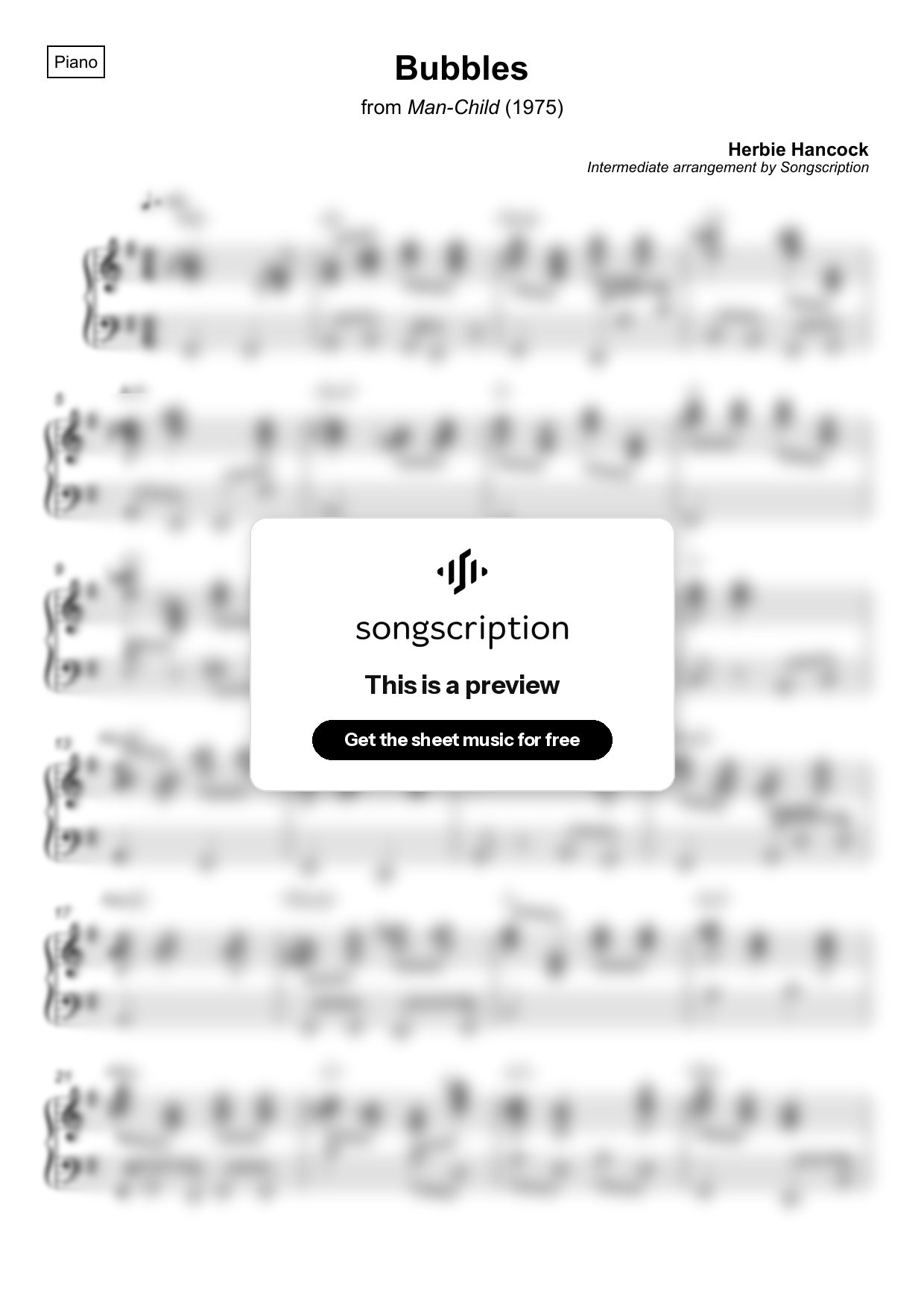 Intermediate Piano Sheet Music for "Bubbles" by Herbie Hancock