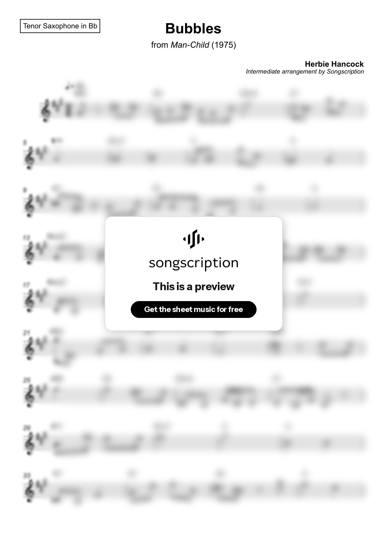 Intermediate Tenor Sax Sheet Music for "Bubbles" by Herbie Hancock
