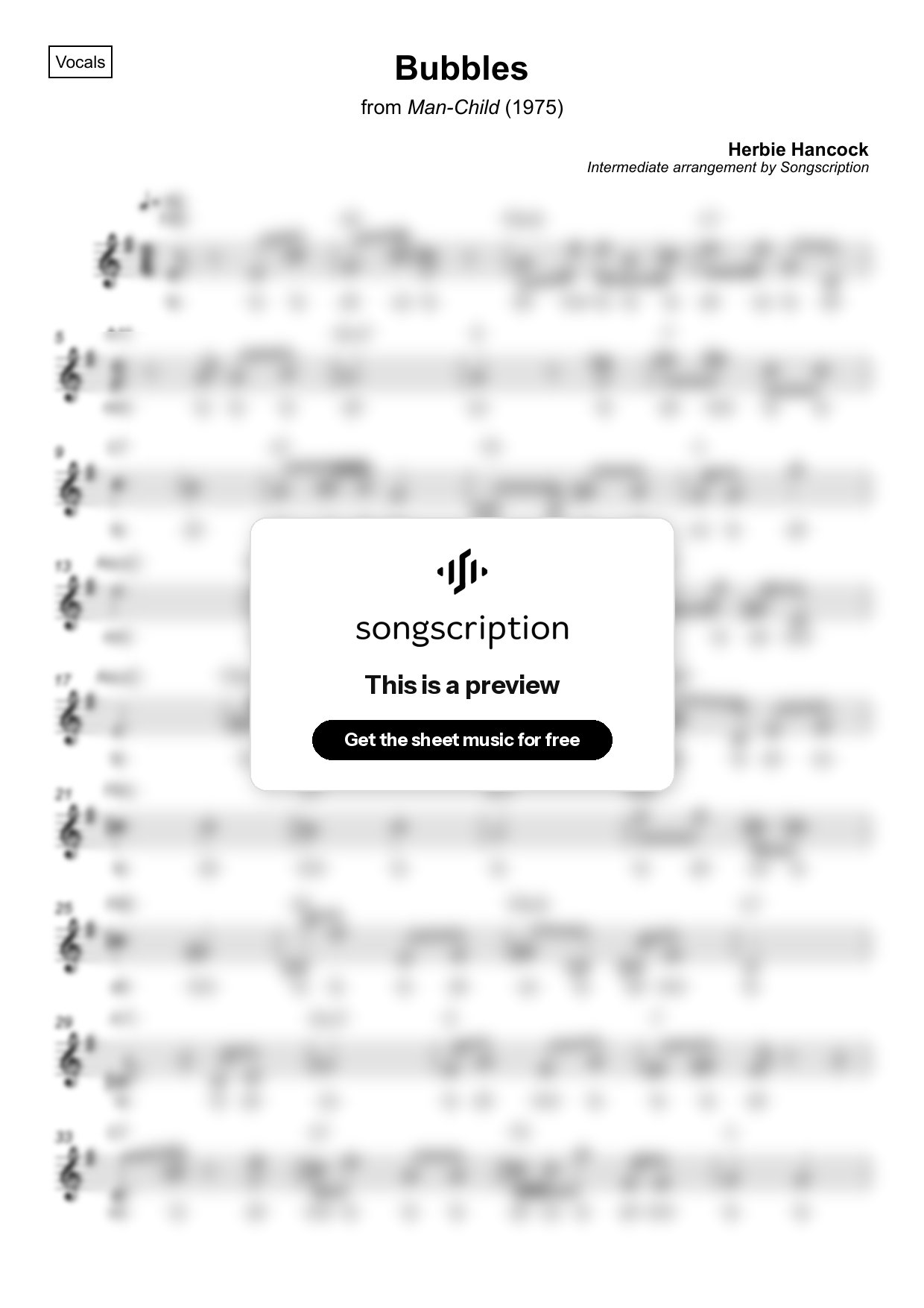 Intermediate Vocals Sheet Music for "Bubbles" by Herbie Hancock