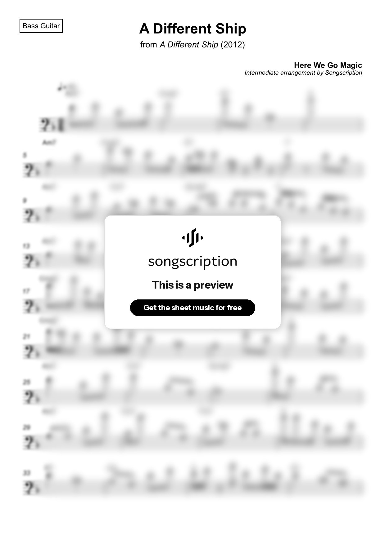 Intermediate Bass Guitar Sheet Music for "A Different Ship" by Here We Go Magic