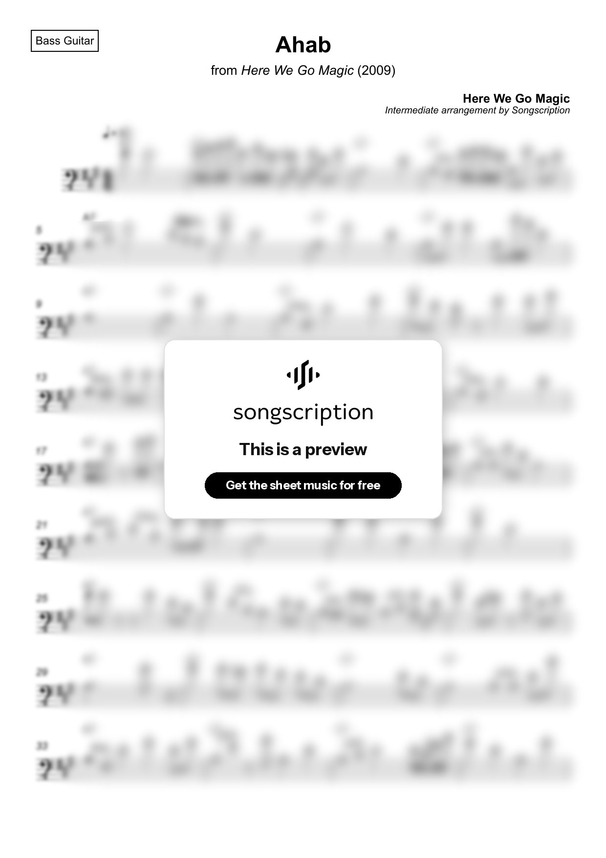 Intermediate Bass Guitar Sheet Music for "Ahab" by Here We Go Magic