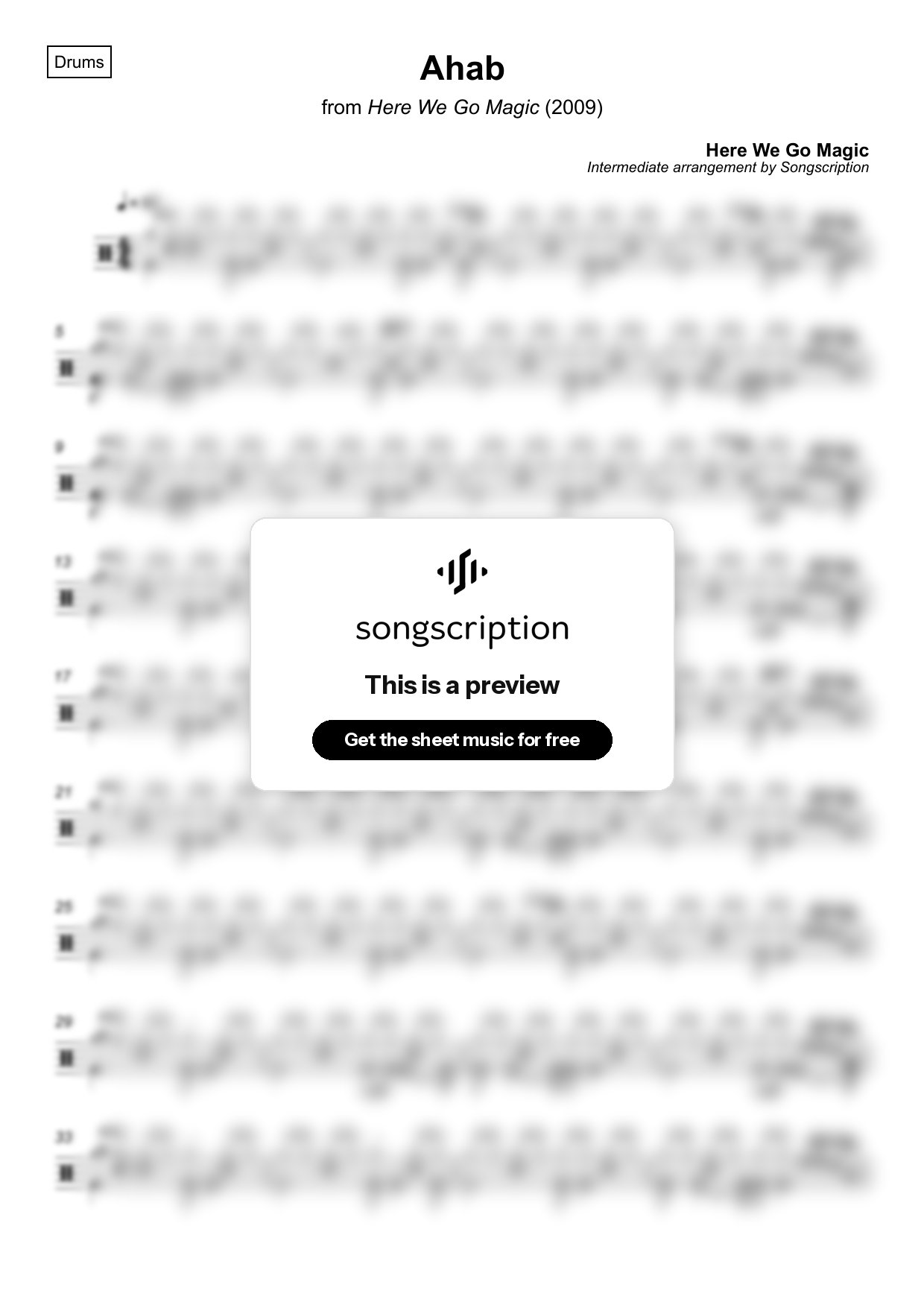 Intermediate Drums Sheet Music for "Ahab" by Here We Go Magic