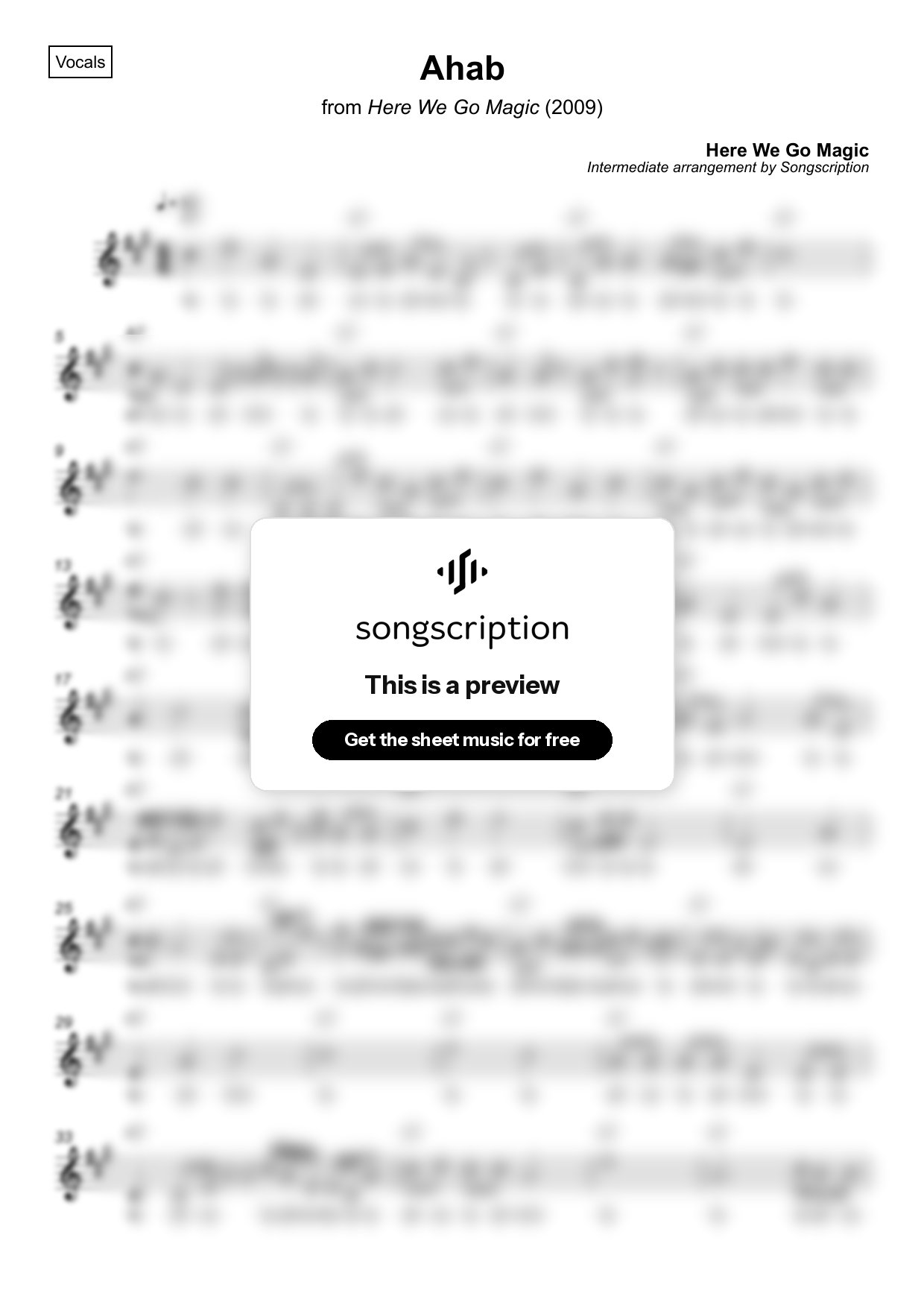Intermediate Vocals Sheet Music for "Ahab" by Here We Go Magic