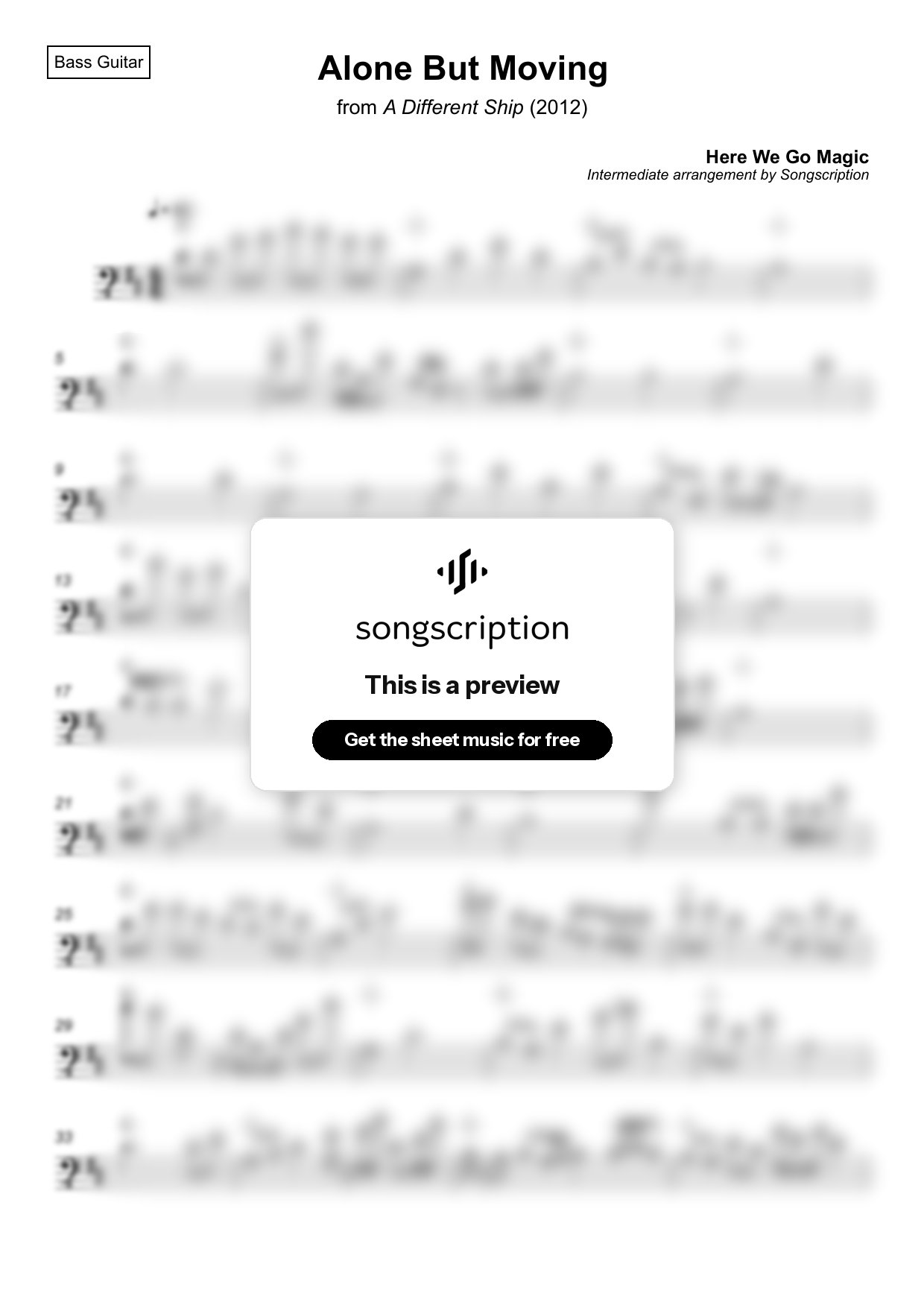 Intermediate Bass Guitar Sheet Music for "Alone But Moving" by Here We Go Magic