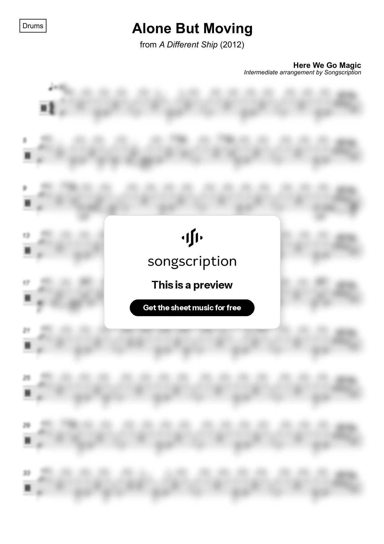 Intermediate Drums Sheet Music for "Alone But Moving" by Here We Go Magic