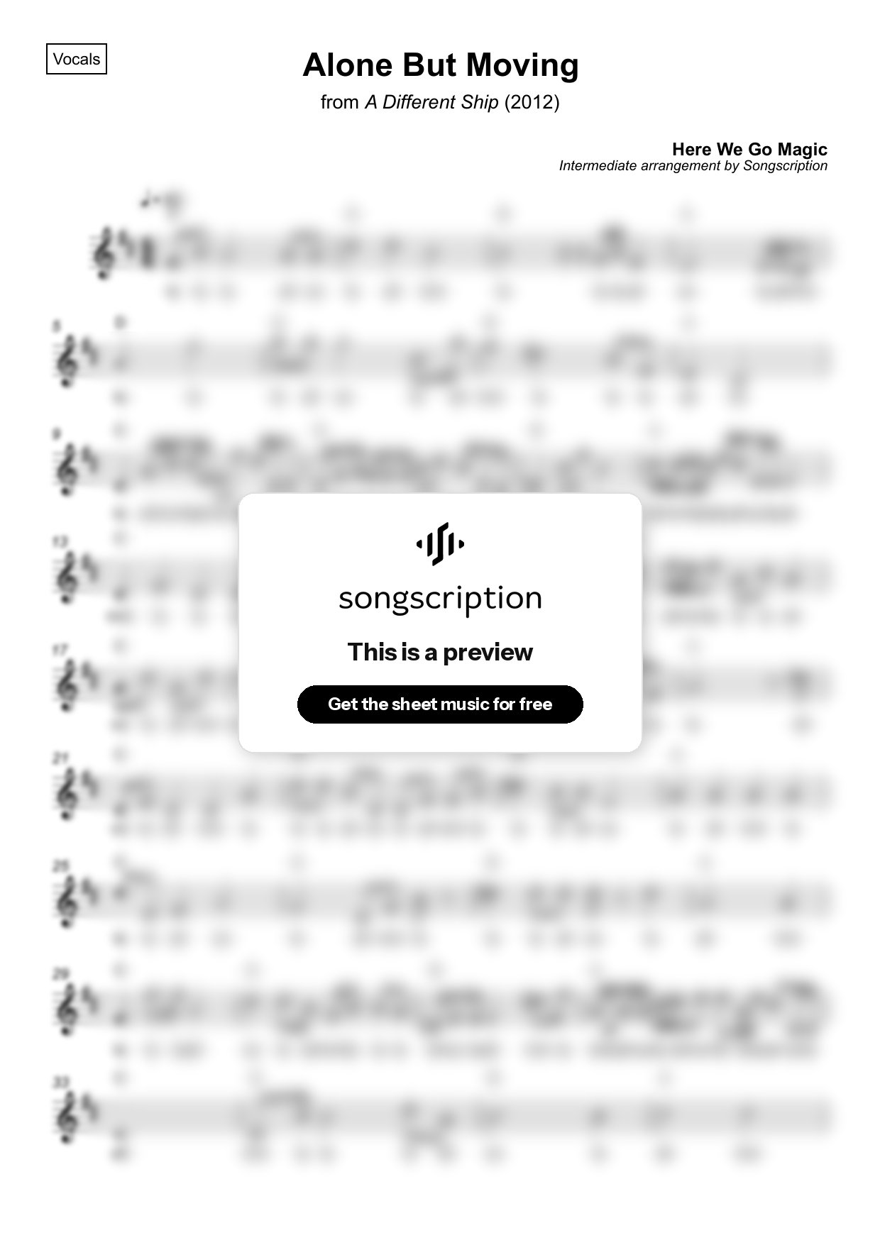 Intermediate Vocals Sheet Music for "Alone But Moving" by Here We Go Magic