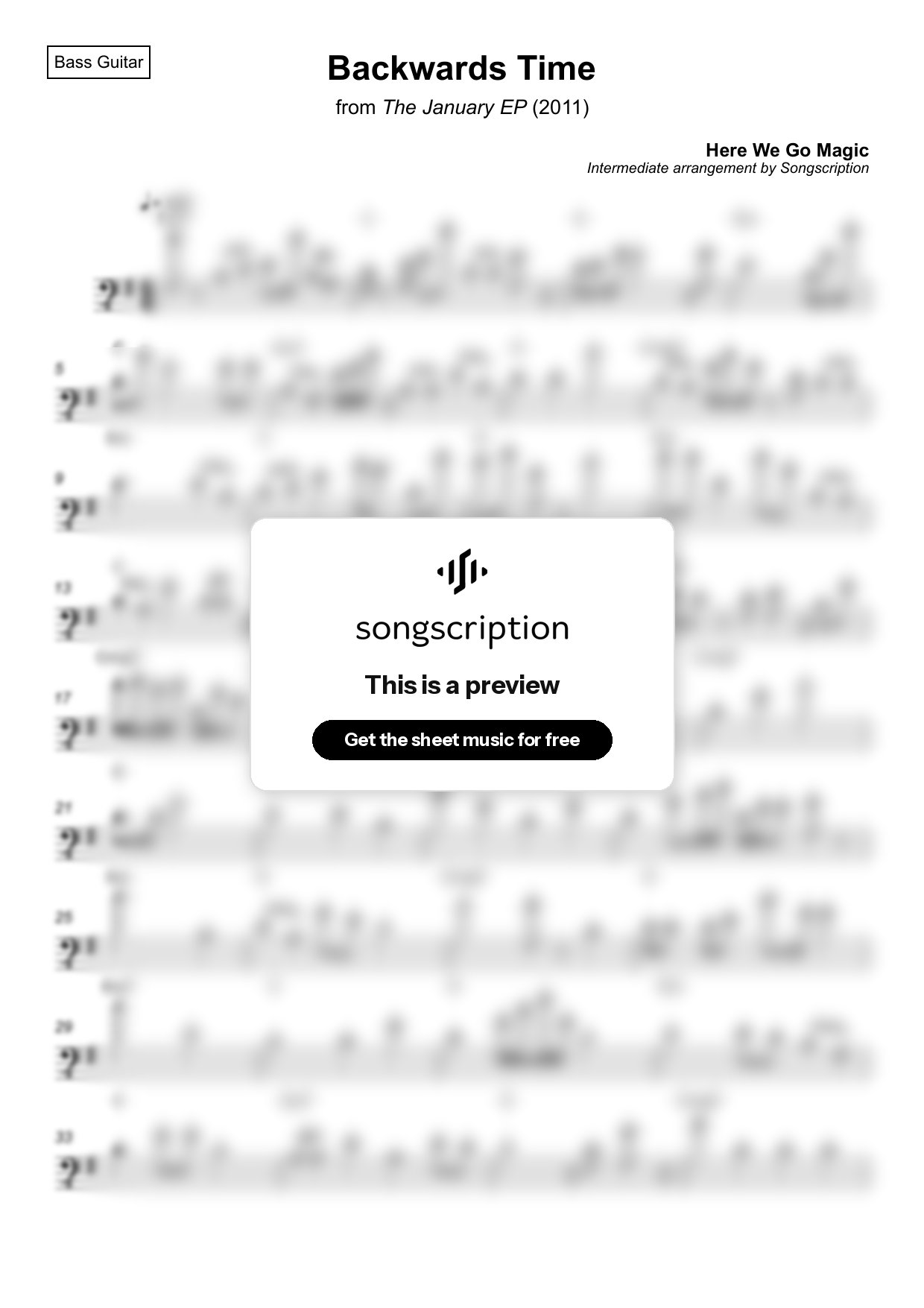 Intermediate Bass Guitar Sheet Music for "Backwards Time" by Here We Go Magic