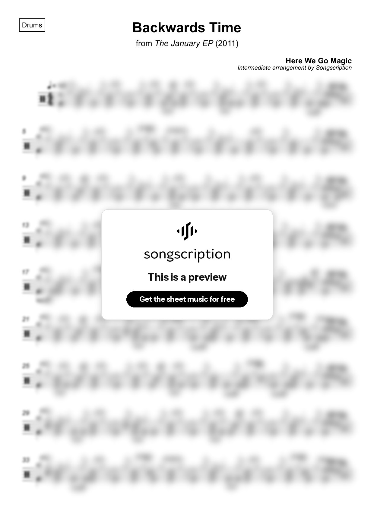 Intermediate Drums Sheet Music for "Backwards Time" by Here We Go Magic