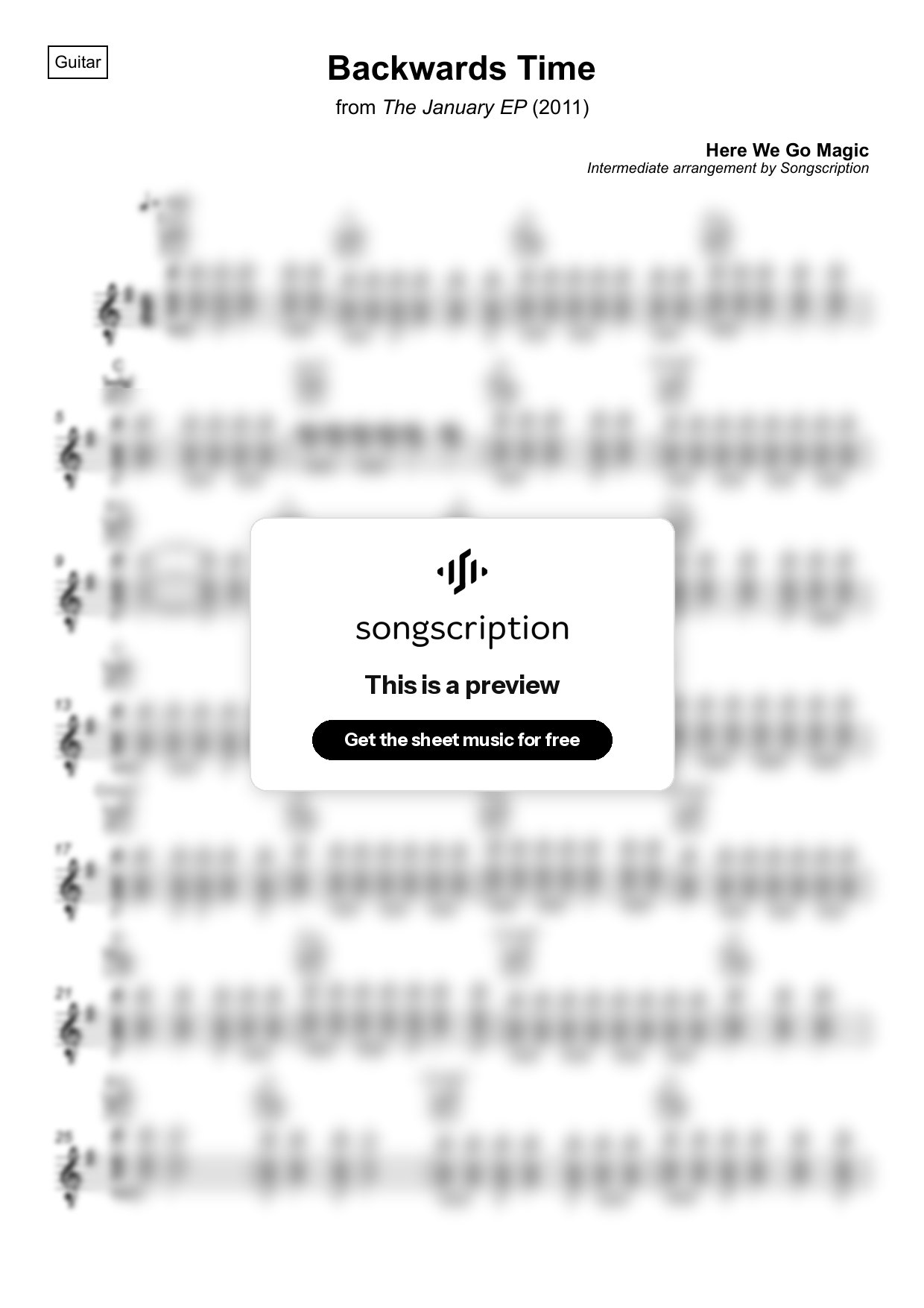Intermediate Acoustic Guitar Sheet Music for "Backwards Time" by Here We Go Magic