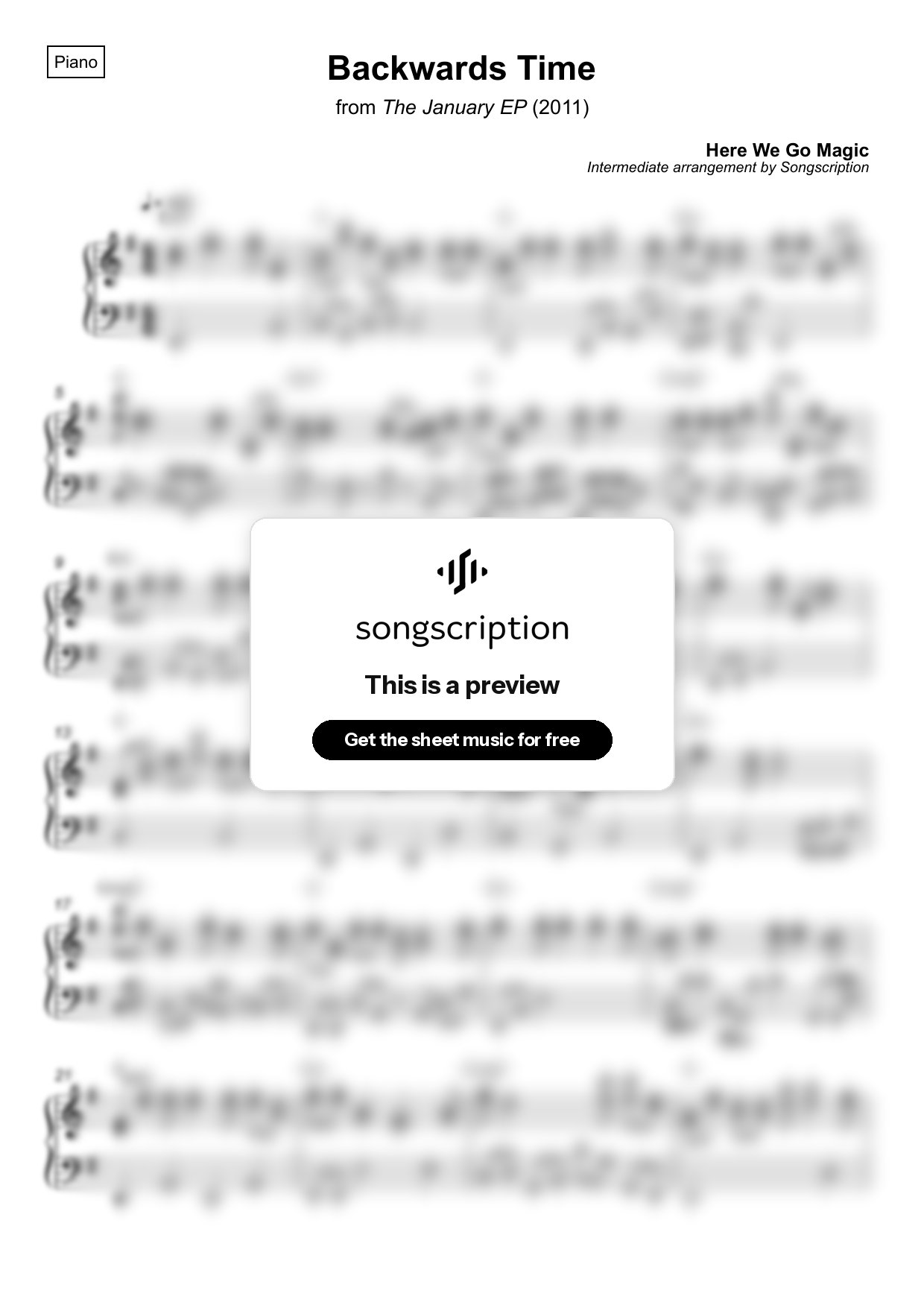 Intermediate Piano Sheet Music for "Backwards Time" by Here We Go Magic